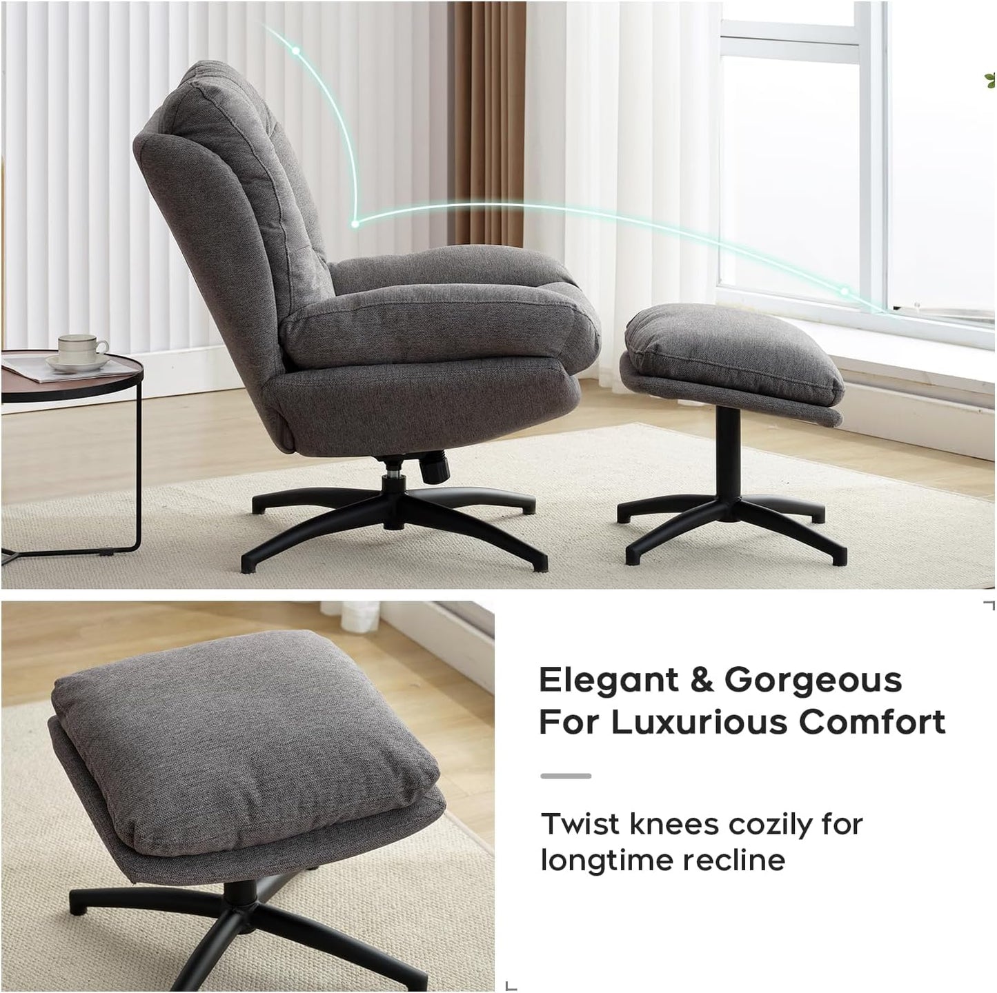 Swivel Accent Chair with Ottoman Set, TV Lounge Chair with 360 Degree Swiveling,Tilting for Living Room, Chenille Comfy Reading Chair with 23" High Back for Bedroom, Modern Armchair with Footrest,Grey