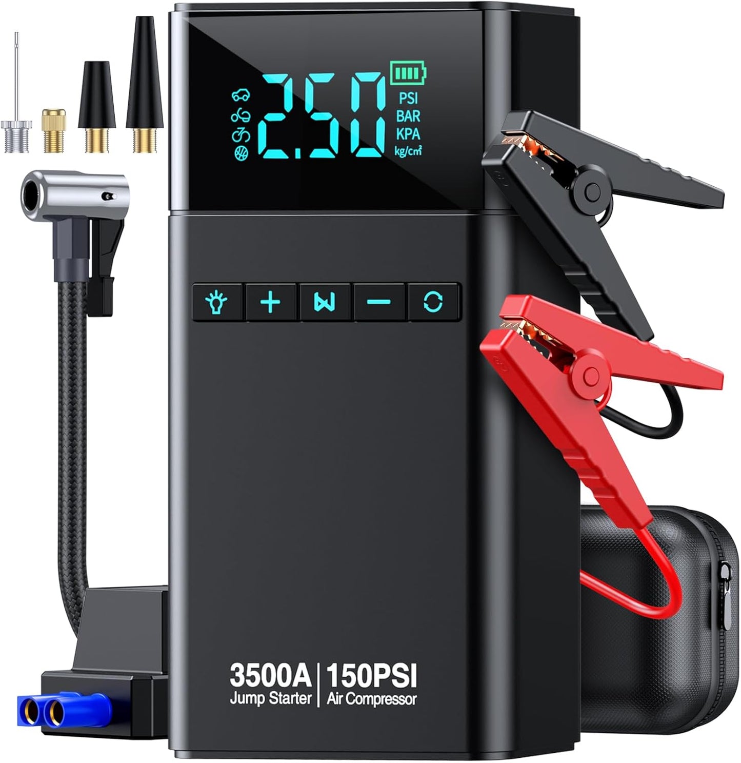 10-in-1 Car Battery Jump Starter with Air Compressor, 3500A 21800mAh Portable Car Jumper Starter (All Gas 12L Diesel), 150PSI 12V Jump Box Car Battery Jump Starter with Jumper Cables, Lights