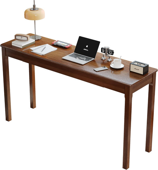 Solid Wood Desk with Drawers - 55 x 16 Inch Vintage Narrow Desks, Mid Century Modern Desks, Rubber Wood Study Table, Home Office Writing Desk for Bedroom|Small Spaces - Walnut Color