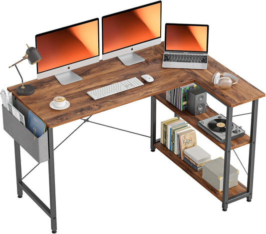 BANTI 55 Inch Small L Shaped Computer Desk with Storage Shelves Home Office Corner Desk Study Writing Table, Brown