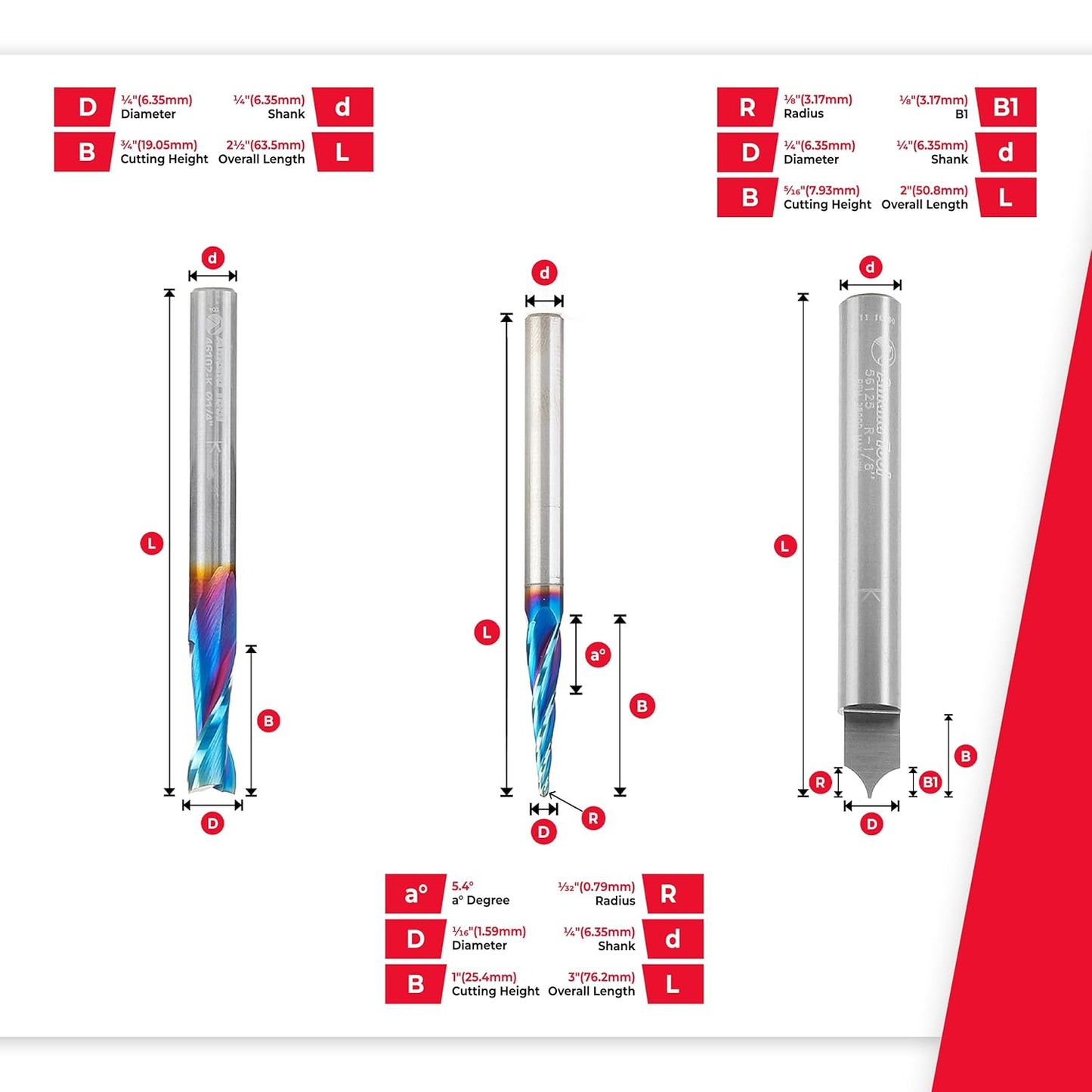 Amana Tool Spektra Coated Solid Carbide CNC V-Groove, Point Roundover, and Multi-Purpose Router Bit Pack, AMS-177-K 8-Pc, 1/4 Inch Shank in Wooden Box