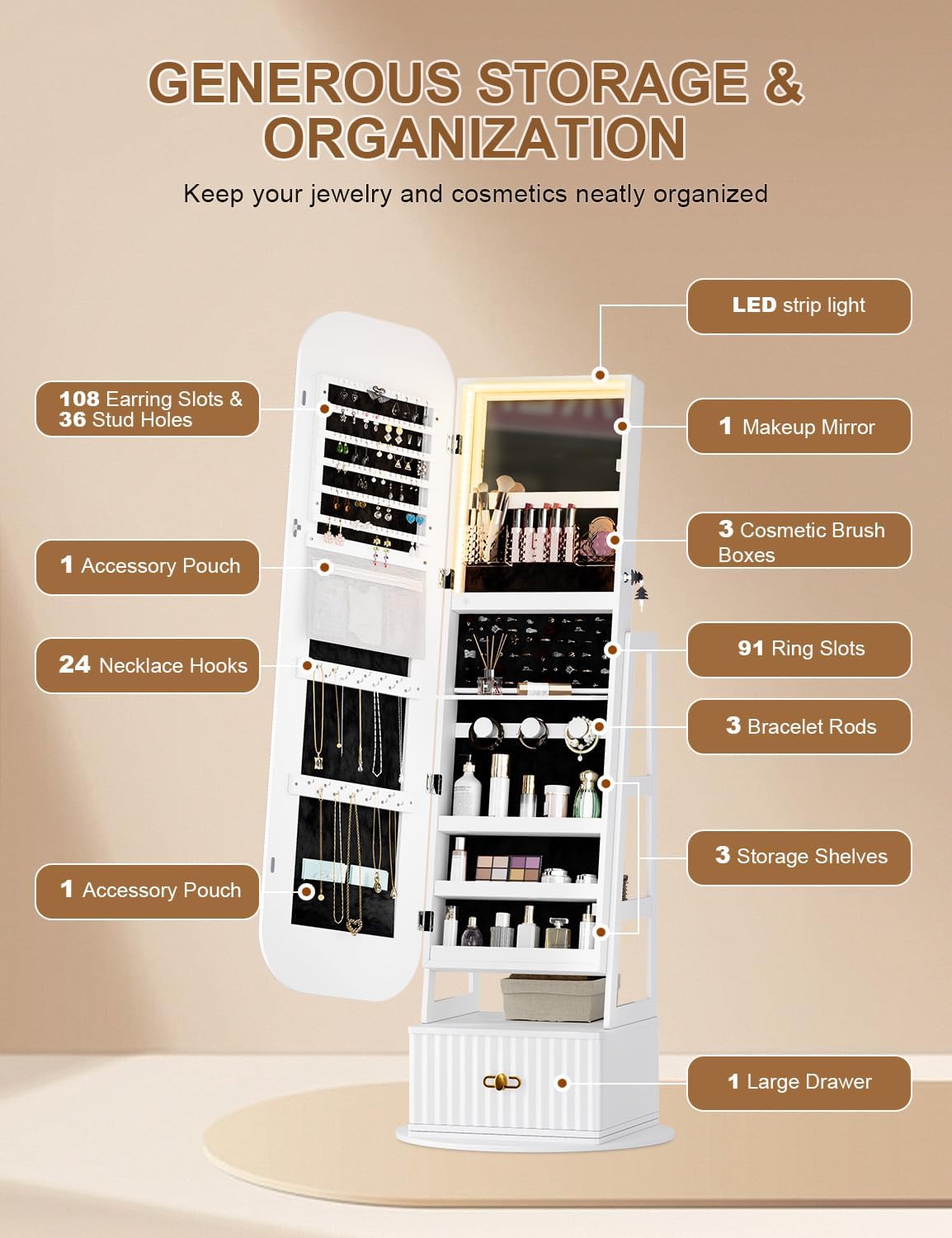 360° Swivel Jewelry Cabinet with Lights - RGB Vanity Mirror | Rotatable Full Length Mirror with Jewelry Storage, Standing Jewelry Armoire Organizer, Foldable Makeup Shelf Ideal Gift (White)