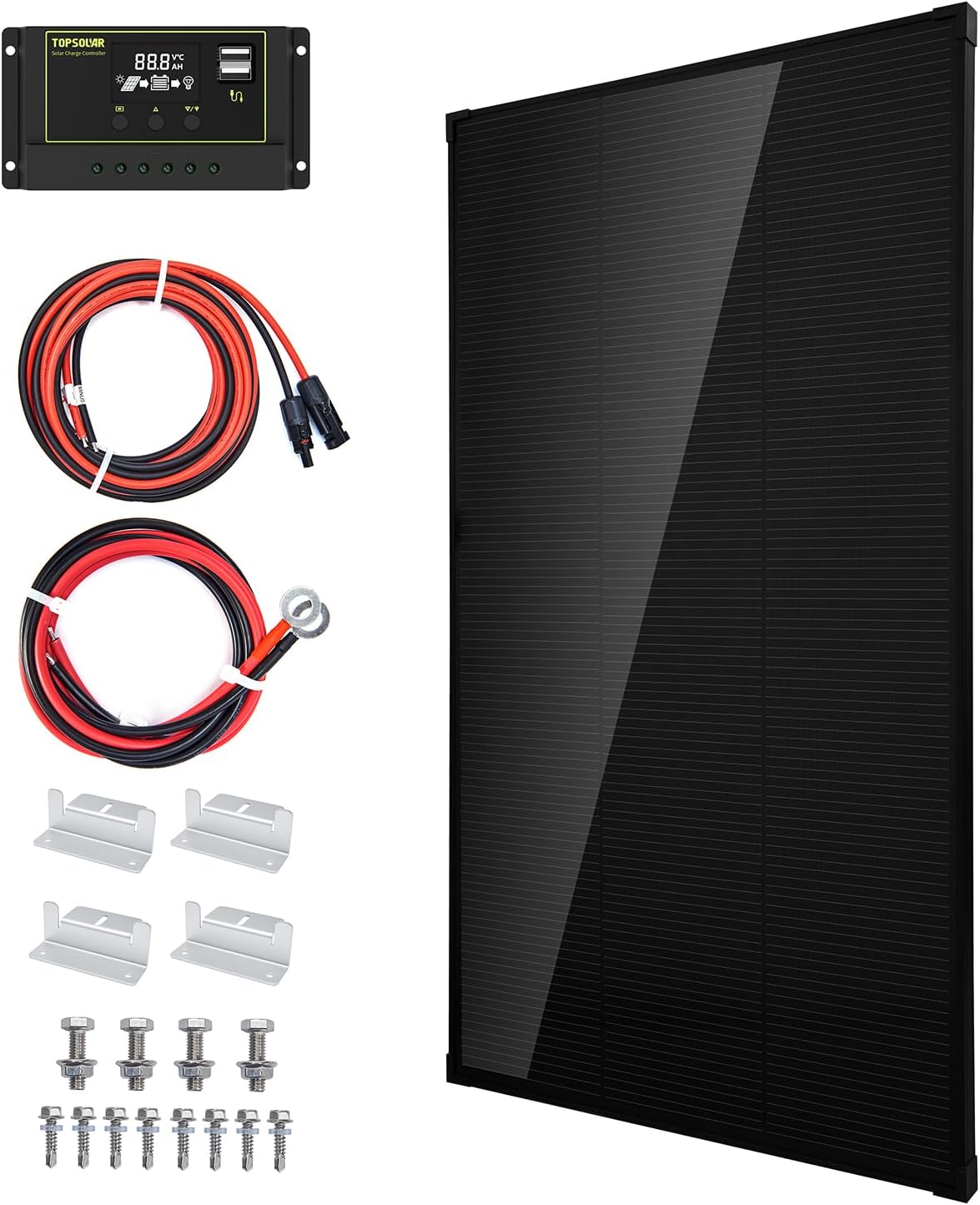 Topsolar Solar Panel Kit 100 Watt 12 Volt Monocrystalline Off Grid System for Homes RV Boat + 30A 12V/24V Solar Charge Controller +Solar Cables + Z-Bracket for Mounting