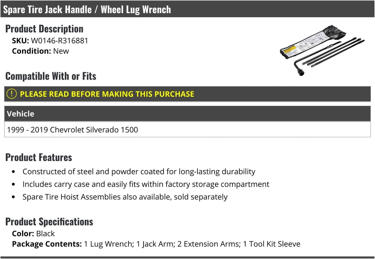 Spare Tire Jack Handle / Wheel Lug Wrench - Compatible with 1999-2019 Chevy Silverado 1500
