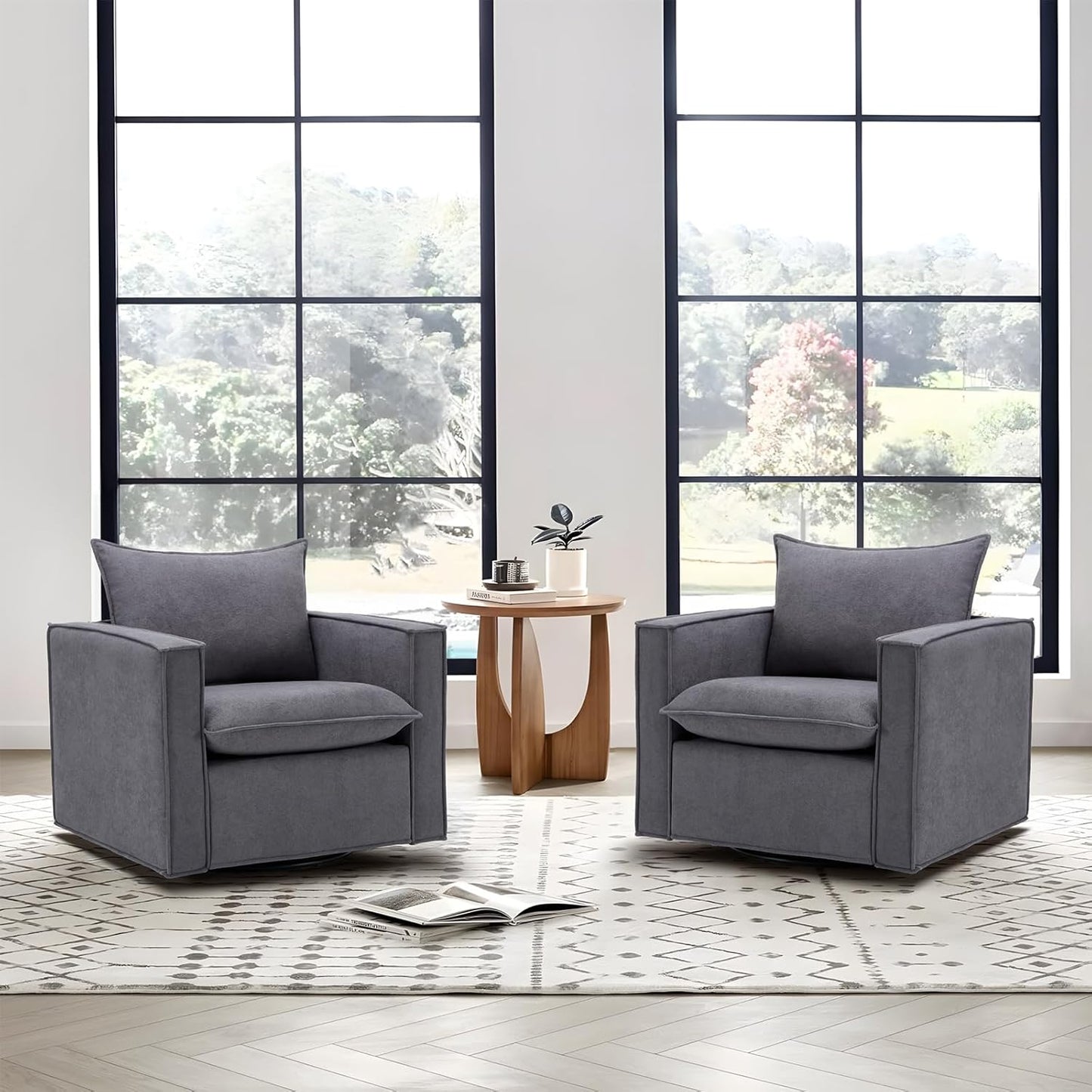 Swivel Accent Chair, 34 Inches Wide Upholstered Arm Chair with Plump Back Pillow, Modern Sofa Living Room Chair for Bedroom, Corner, Reading Nook-Beige