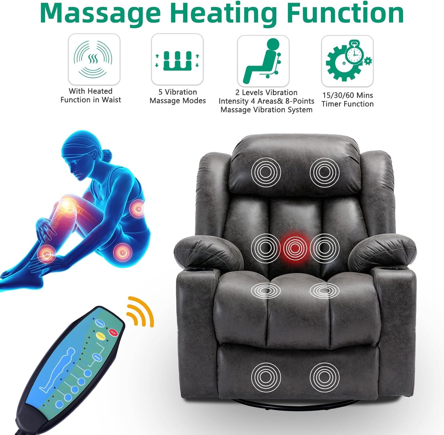 VIVIJASON Manual Swivel Rocking Glider Recliner Chair with Heat & Vibration Massage, 360° Swivel Overstuffed Reclining Chair with 2 Cup Holders, Side Pockets & USB Ports for Living Room, Gray