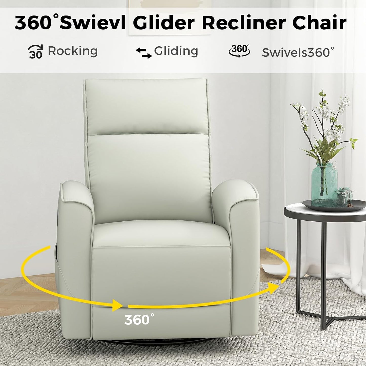 ANJ Manual Swivel Rocker Recliner, Glider Recliners with Padded Armrest and Backrest, Soft Leather Nursery Rocking Recliner Chair Reclining Sofa for Living Room
