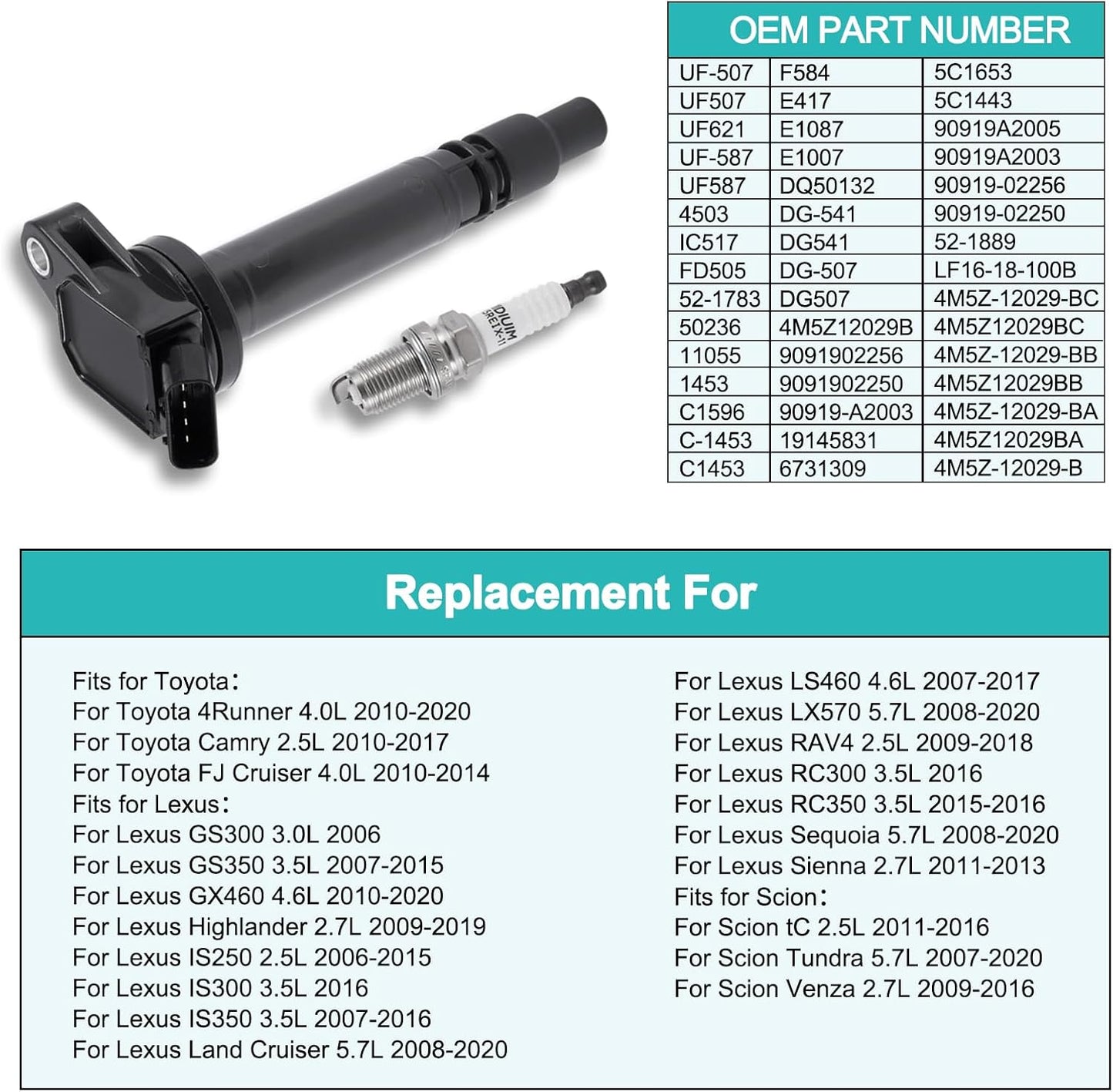 4PCS UF507 Ignition Coil Pack & 4503 Spark Plugs For Toyota Avalon Camry RAV4 Highlander Sienna Tundra Land Cruiser Land Cruiser,Scion tc,Lexus ES300H IS250 GX460 LS460 LS600H LX570 GS300