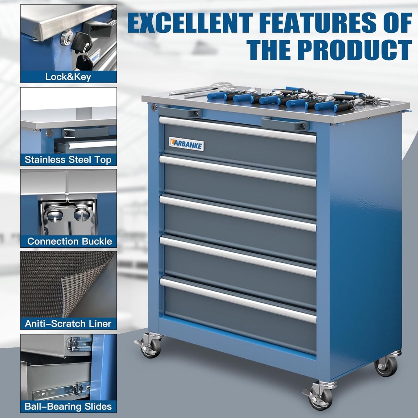 5-Drawer Rolling Tool Chest,Tool Chest with Keyed Locking System, with Wheels and Foot Pads,Rolling Tool Cabinet with Stainless CounterTop and Drawer Liners,Unique Link Buckle for Connecting