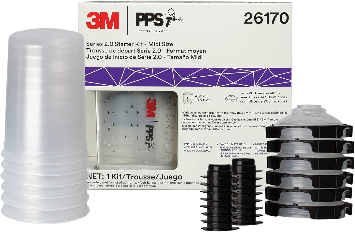 3M PPS 2.0 Paint Spray Gun System Starter Kit with Cup, Lids and Liners,26172, 22 OZ, 200-micron Filter, Use for Cars, Home & more,1 Paint Cup,6 Disposable Lids and Liners,16 Sealing Plugs, Gray