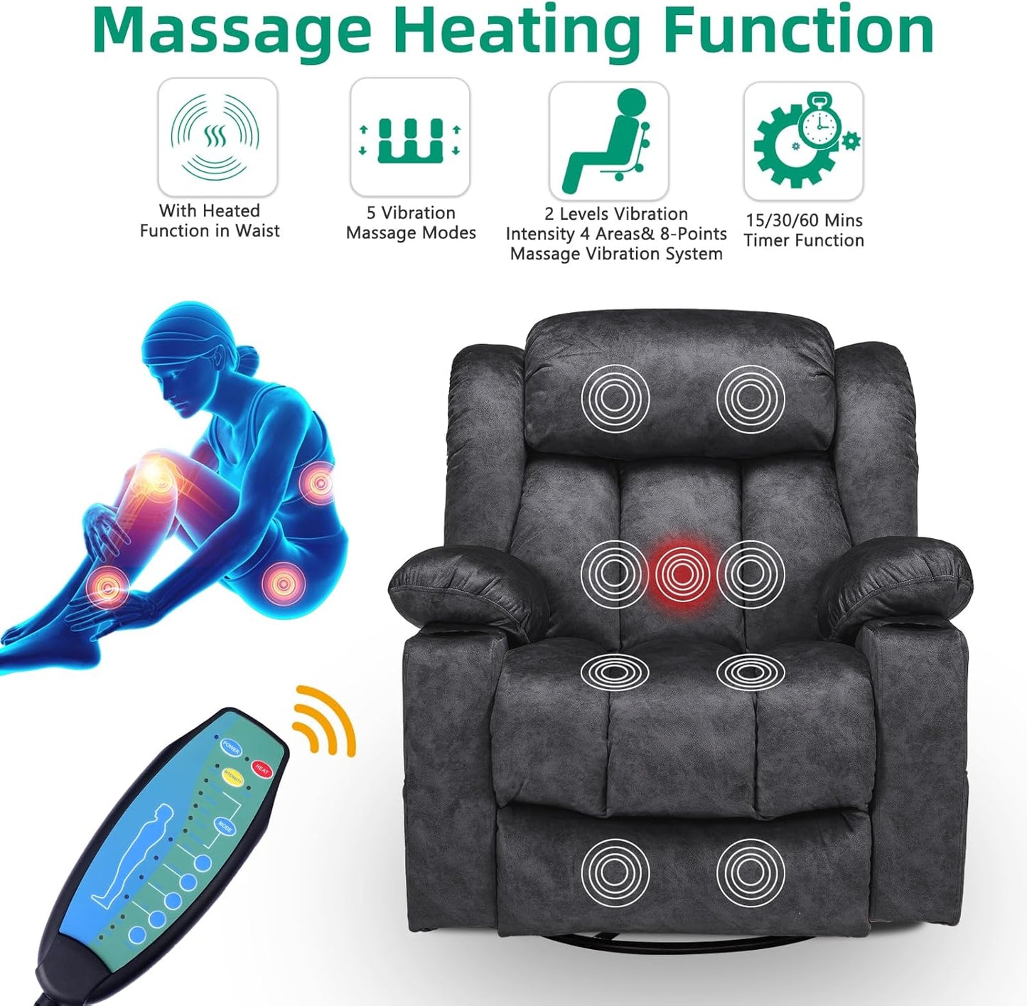 VIVIJASON Manual Swivel Rocking Glider Recliner Chair with Heat & Vibration Massage, 360° Swivel Overstuffed Reclining Chair with 2 Cup Holders, Side Pockets & USB Ports for Living Room, Plush Gray