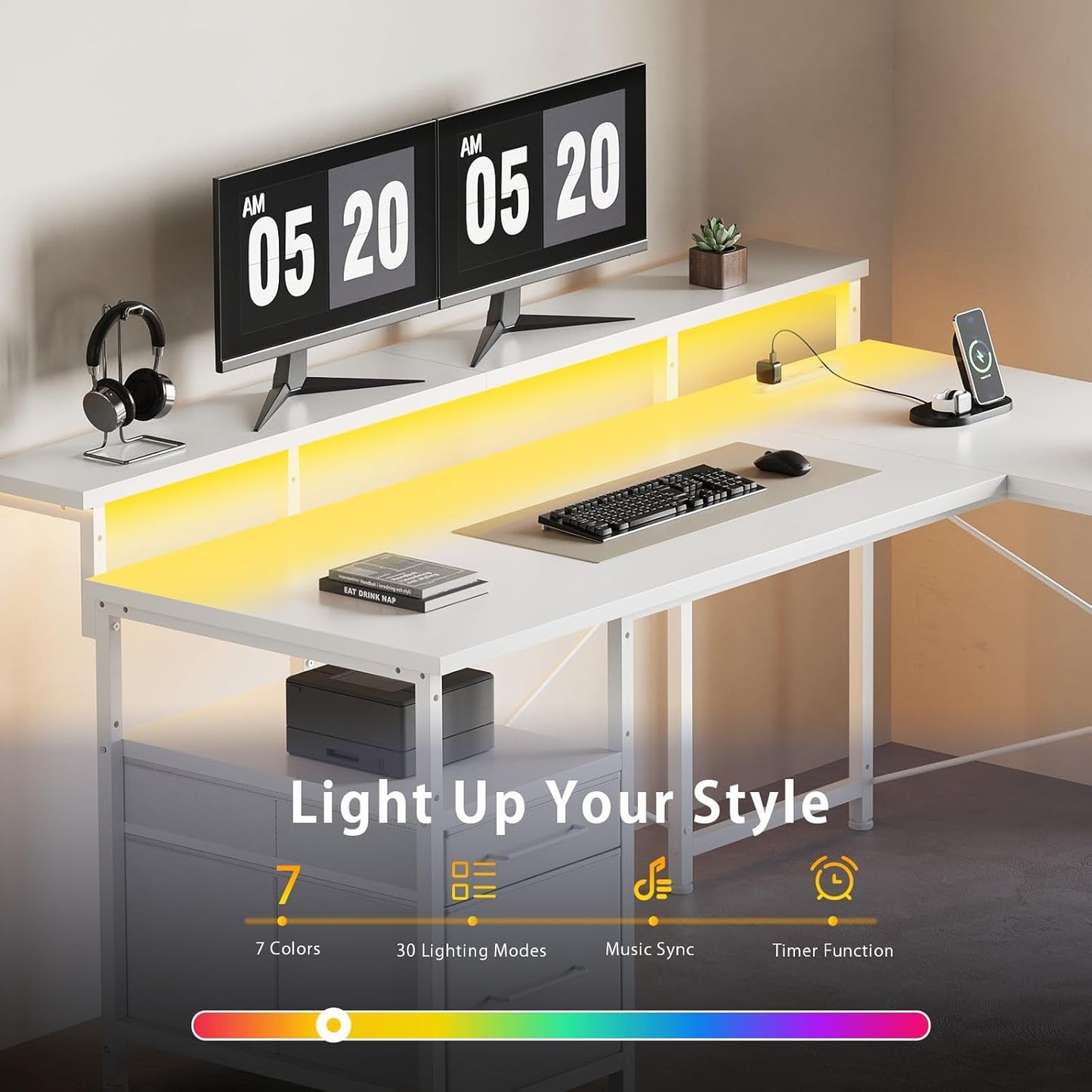 63" Gaming Desk with LED Lights, L Shaped Desk with Monitor Stand, Computer Desk with Drawers, PC Desk with Outlets, Office Desk with Monitor Stand, White