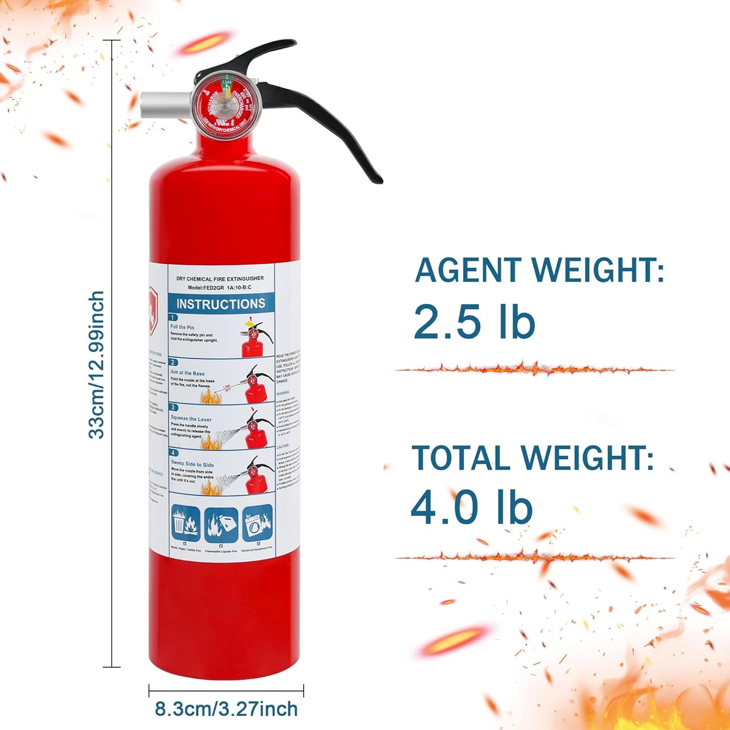 2 Pack Dry Chemical Fire Extinguishers 2.5 lb ABC, Home, Car, Boat Use, 1A:10B:C Rating, Quick Release Handle, Easy to Store and Carry Dry Powder Extinguisher