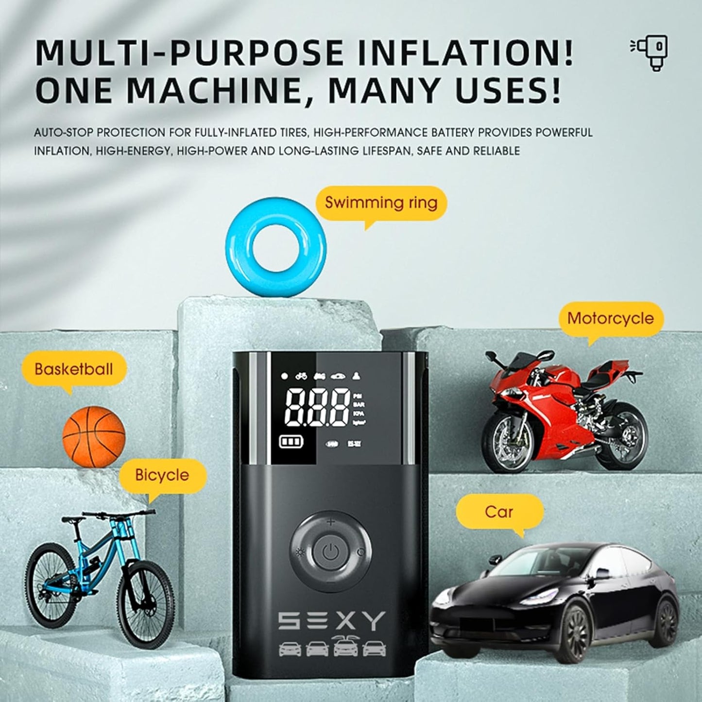 Tire Inflator Air Compressor for Tesla Model 3 Y X S,Cordless Portable Air Pump,2025 Tesla Model Y 3 X S Accessories with Tire Pressure Gauge and Emergency Light,Multipurpose Tire Pump