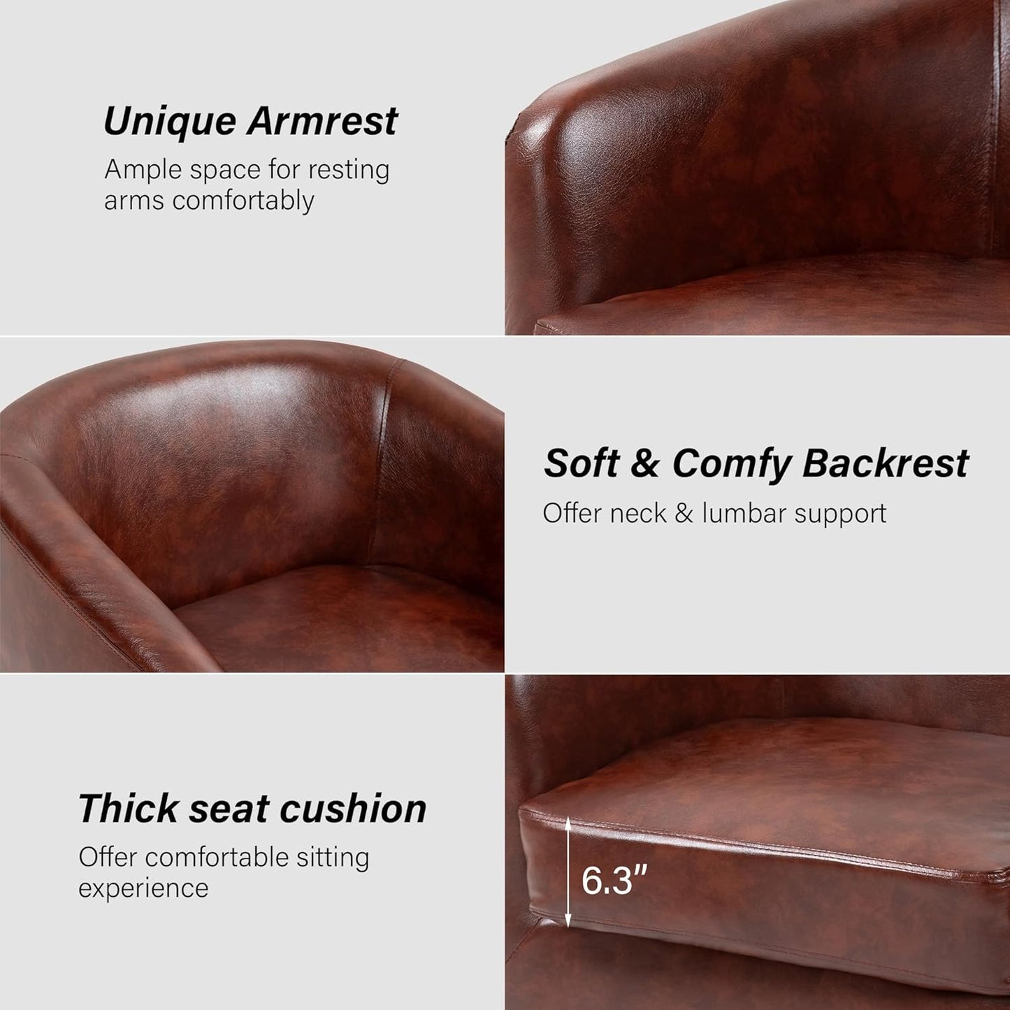 Swivel Barrel Chair, Modern Round PU Leather Accent Armchair for Living Room, Bedroom, Oversized Comfy Club Reading Chairs for Adults (Leather Red Brown, Set of 1)