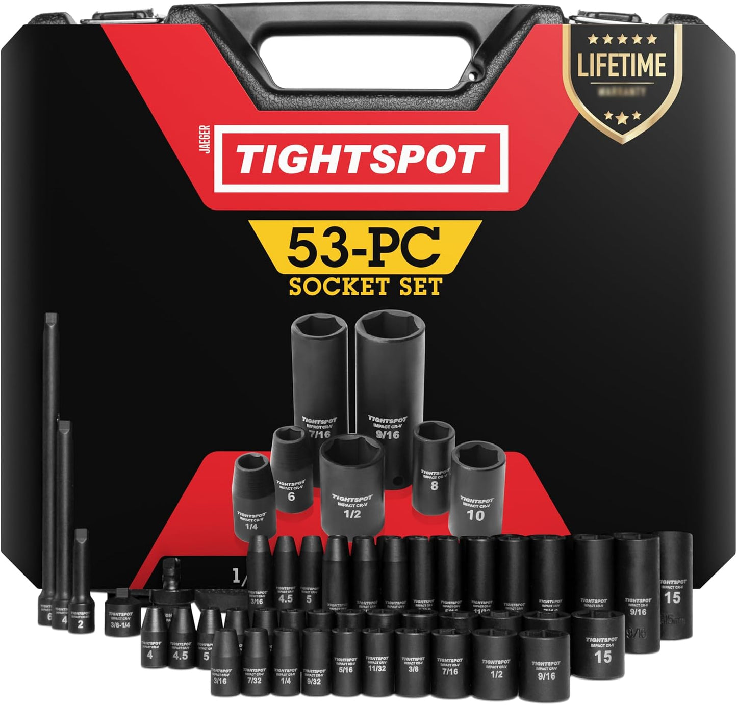 TIGHTSPOT 3/8" Drive 50pc Impact Socket PRO SET, our Most Popular Set Ever with SAE & Metric from 5/16 Inch - 3/4 Inch, 8mm-19mm + 21mm + 22mm, Standard/Deep Sockets, Extension Bars, Adapters & More