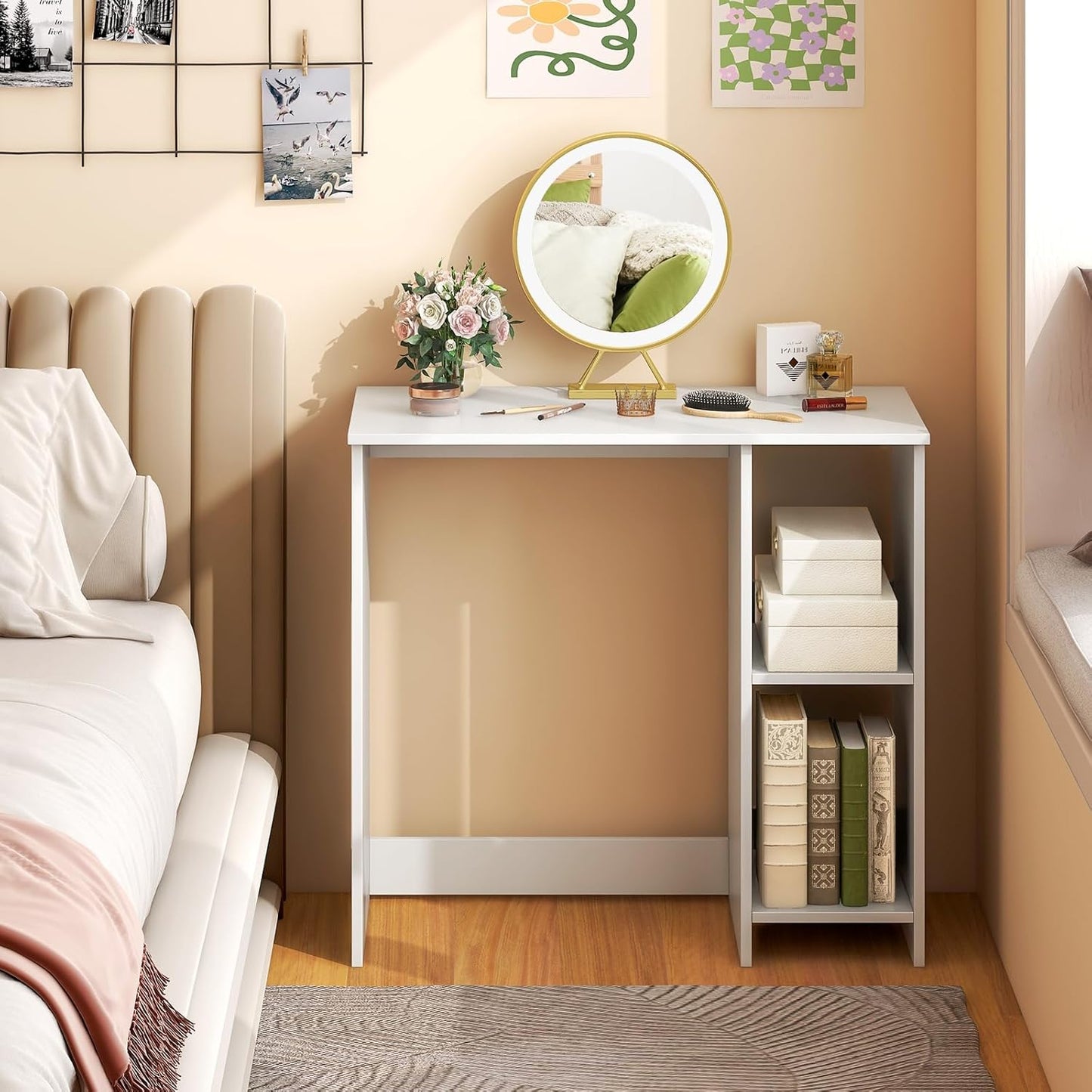 Tangkula Small White Desk with Shelves, Compact Desk for Small Space, Study Writing Table with 2 Tier Shelves, Modern Simple Style Laptop PC Table, White