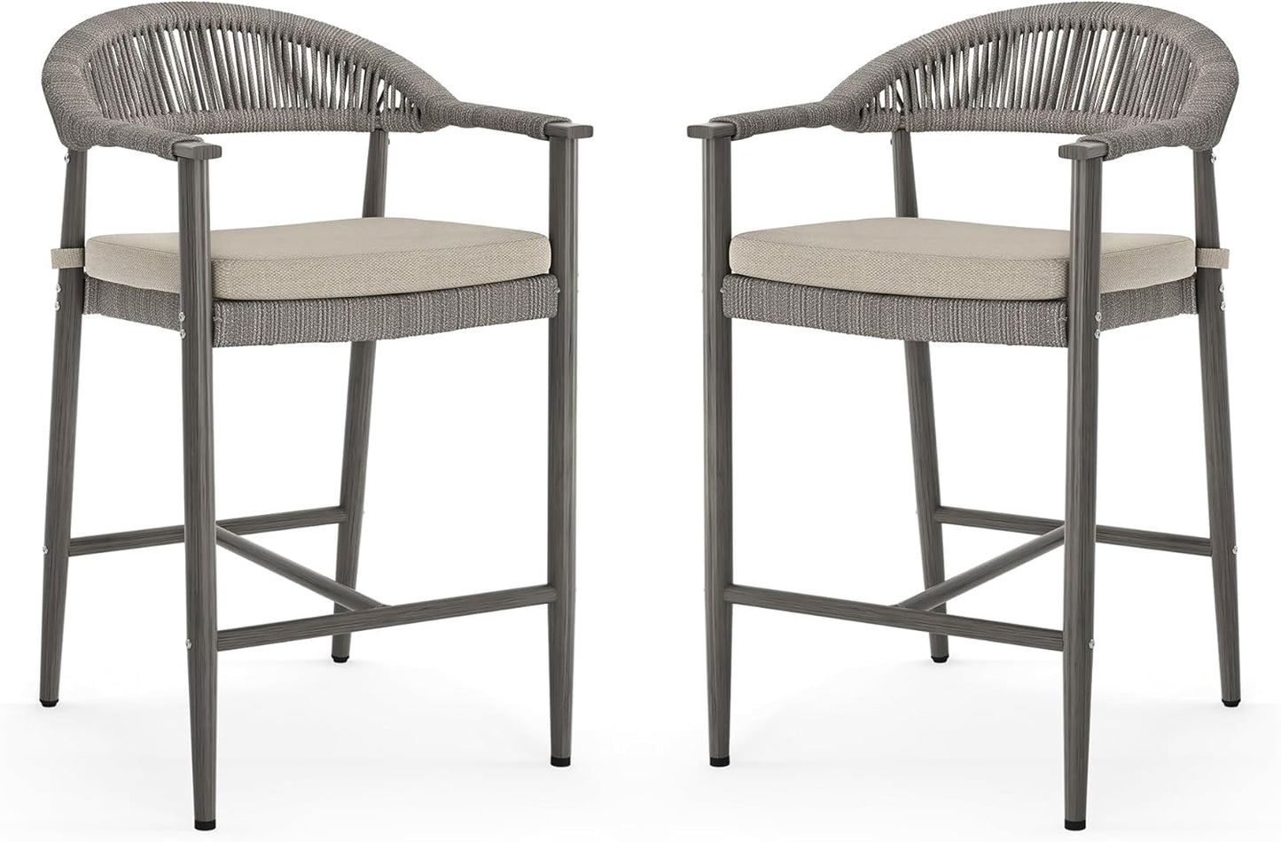 Bar Stools Set of 4, 24.8'' Aluminum Outdoor Bar Stool with Removable Cushion, Boho Rattan BarStools, Olefin Rope Woven Bar Chairs with Footrest for Patio, Garden, Pool, Kitchen, Black