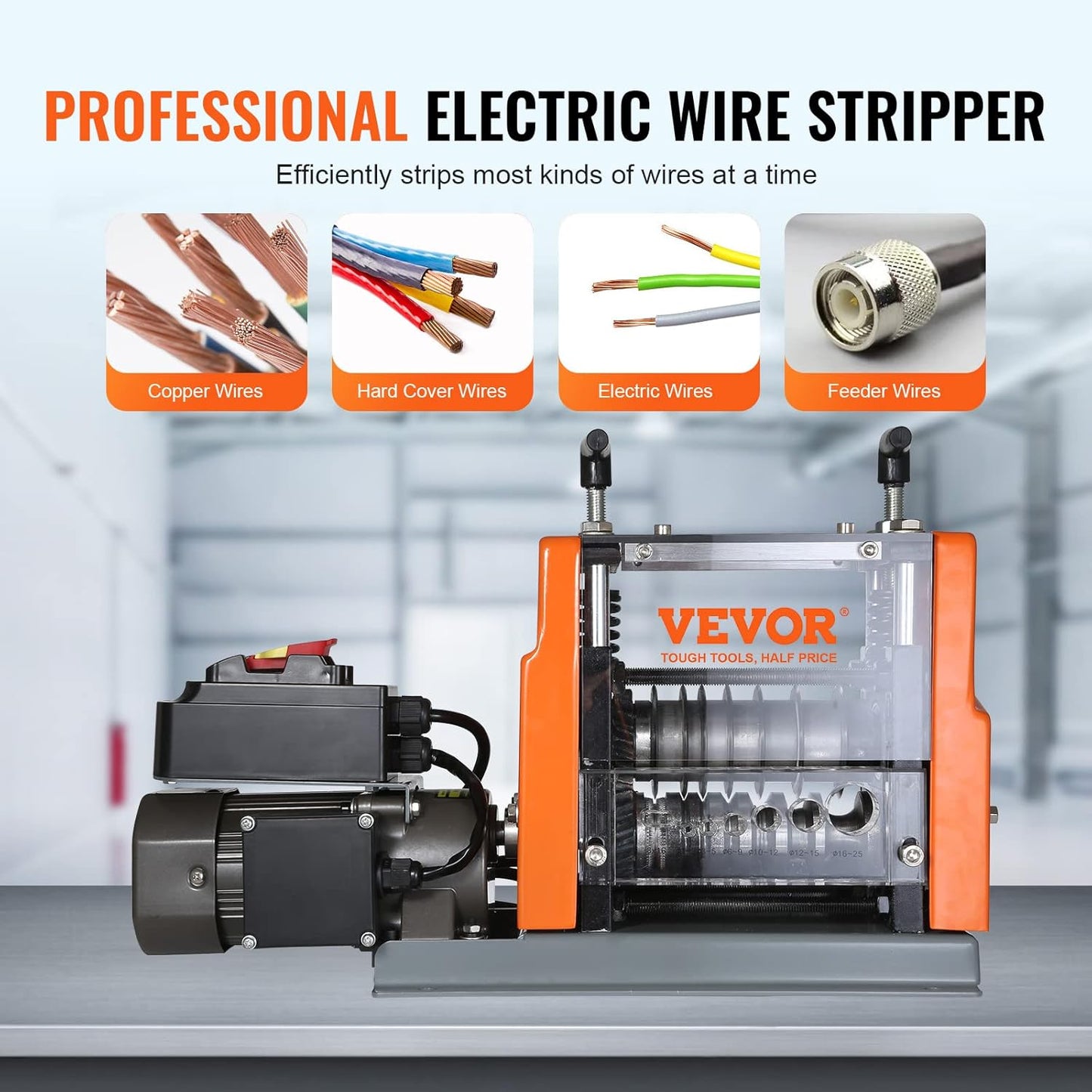 VEVOR Electric Wire Stripping Machine, 0.06''-0.98'' Automatic Wire Stripper Machine, 60 W, Wire Strip with Visible Stripping Depth Reference, 6 Round & 1 Flat Channels Electric Wire Stripper