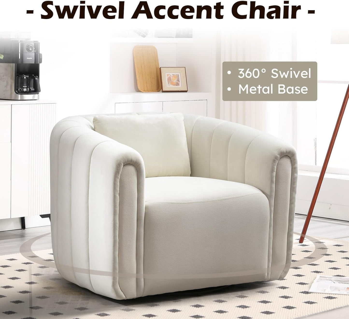 Bonzy Home Swivel Barrel Chair, Modern Velvet Swivel Accent Chair with Channel Tufting, Soft Upholstered Armchair for Living Room Bedroom Office (White, 2 Pack)