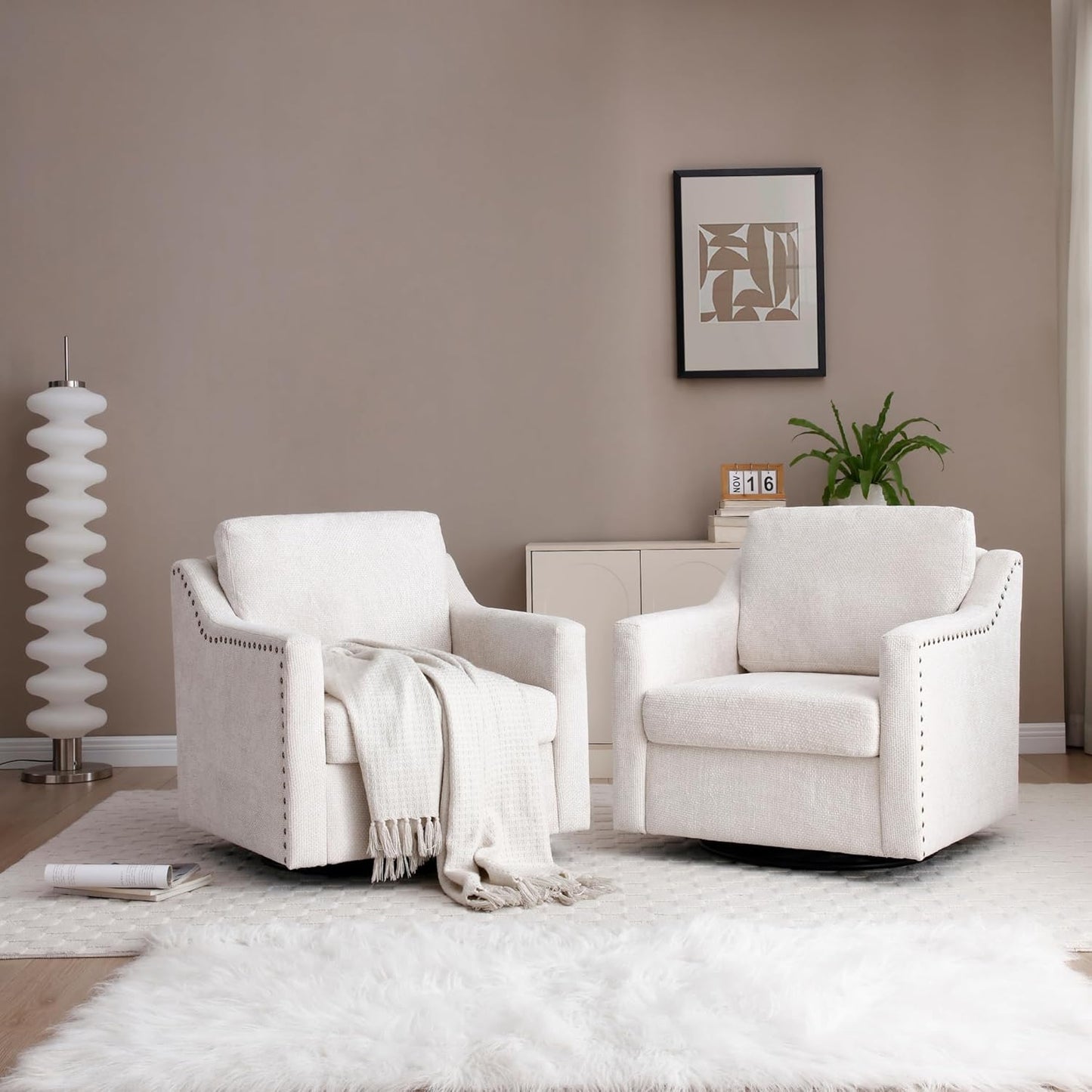 Swivel Accent Chair Oversized Arm Chair with Chenille Fabric Comfy Reading Barrel Chair Modern Living Room Chair with Thick Soft Cushion Wide Single Sofa Chair for Living Room (Beige, Set of 2)