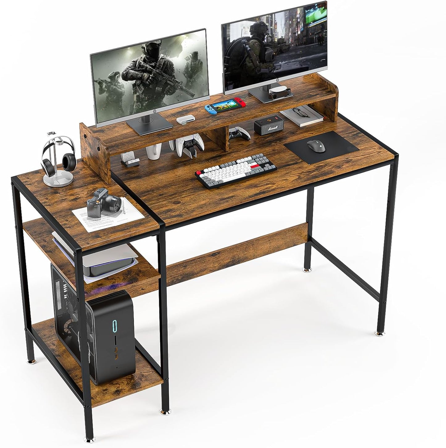 55 inch Grey Computer Desk Gaming Desk with Monitor Stand, Home Office Desk for 2 Monitors, Writing Desk with Adjustable Storage Space,Sturdy and Durable Modern Small Desk