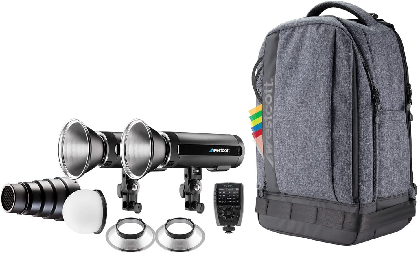 Westcott FJ200 Strobe 2-Light Backpack Kit with FJ-X3 M Universal Wireless Trigger - Portable Photography Lighting Kit with Diffusion Dome, Snoot, Gels, and Multi-Brand Trigger