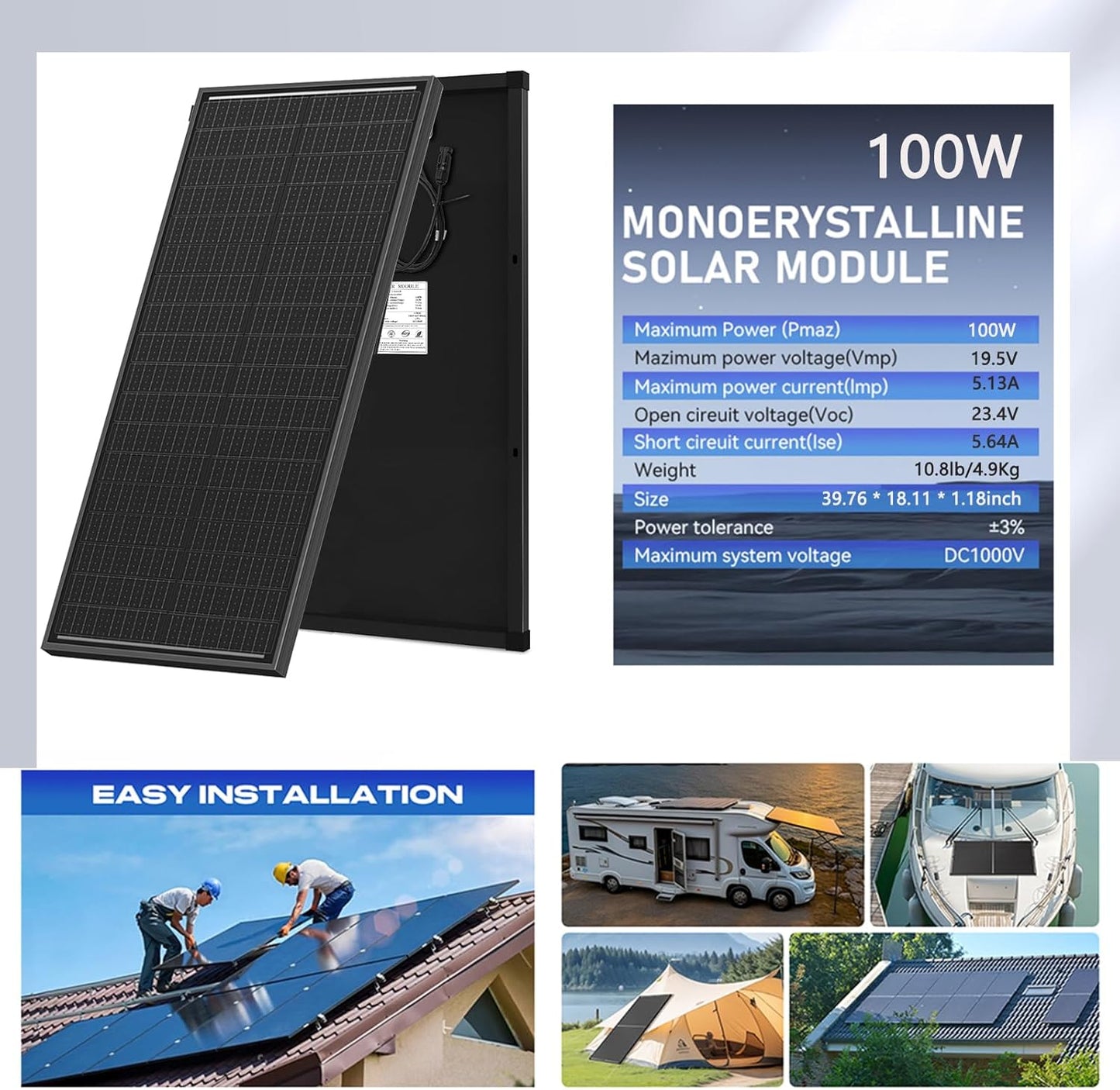 100 Watt Solar Panel Kit 100 Watt 12 Volt Monocrystalline Solar Panels 10A Solar Charge Controller, Solar Cables, Z-Mounting Bracket for RV Rooftop Marine Boat Trailer Camping Off-Grid Application