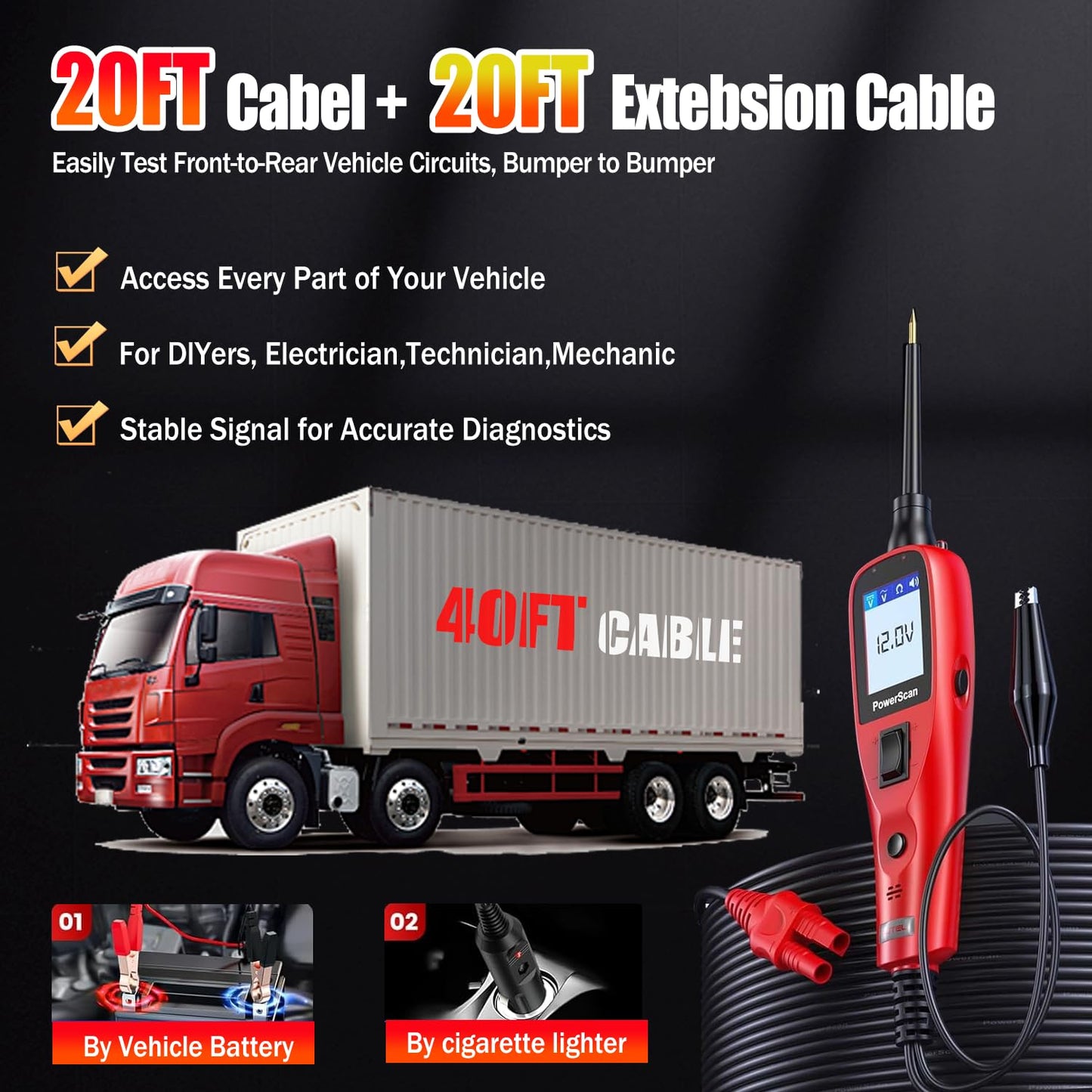 Autel PowerScan PS100 Power Circuit Probe Scan Tool Automotive Circuit Tester, Read AC DC Resistance 12-24V Electrical Short/Open Circuit Finder, Relay Tester with 20ft Extension Cable