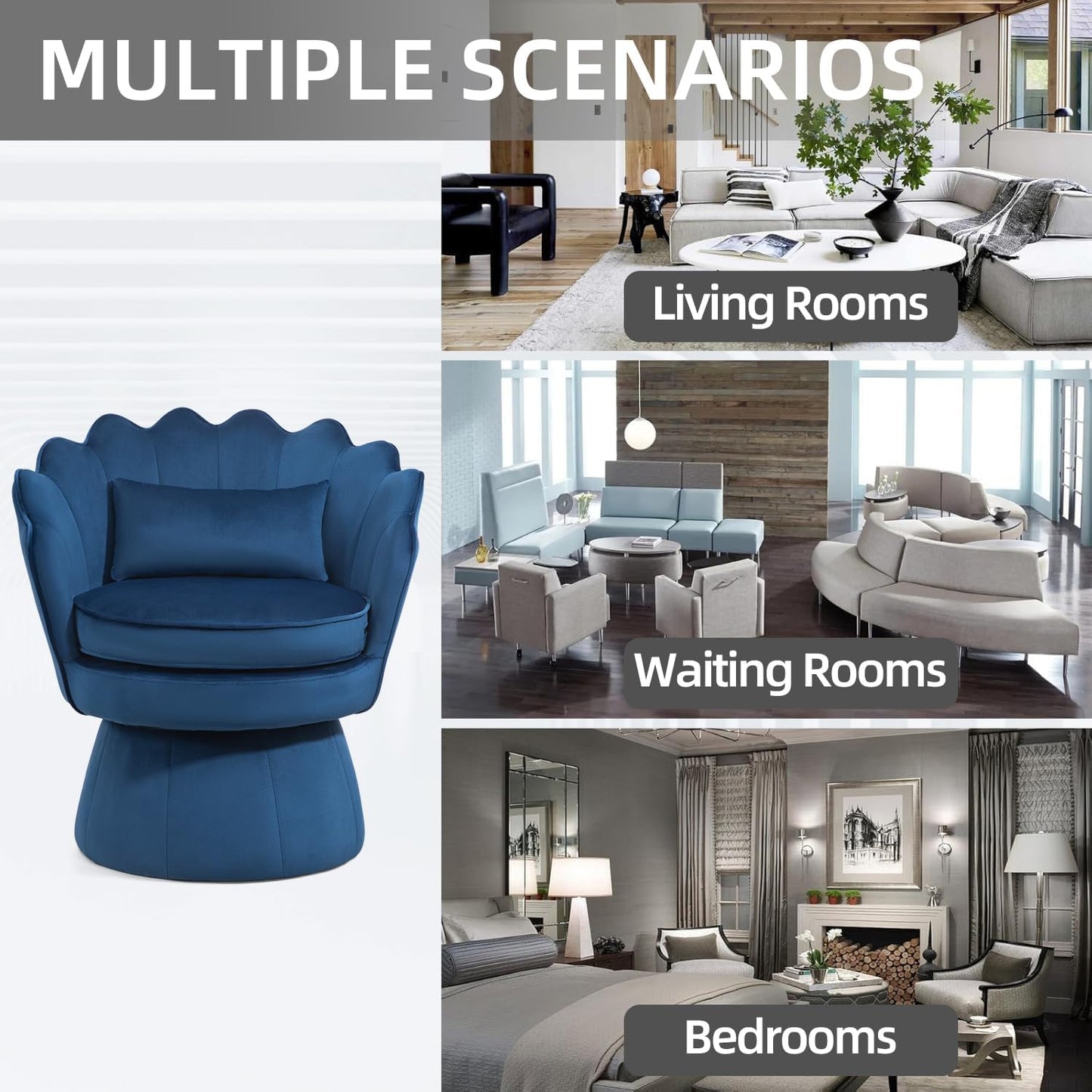 Swivel Barrel Chairs Set of 2, Small Accent Armchair, Navy Blue Velvet Upholstered, Mid-Century Modern Style, for Living Room/Bedroom/Waiting Room, for Relaxing & Reading, Pillow Included