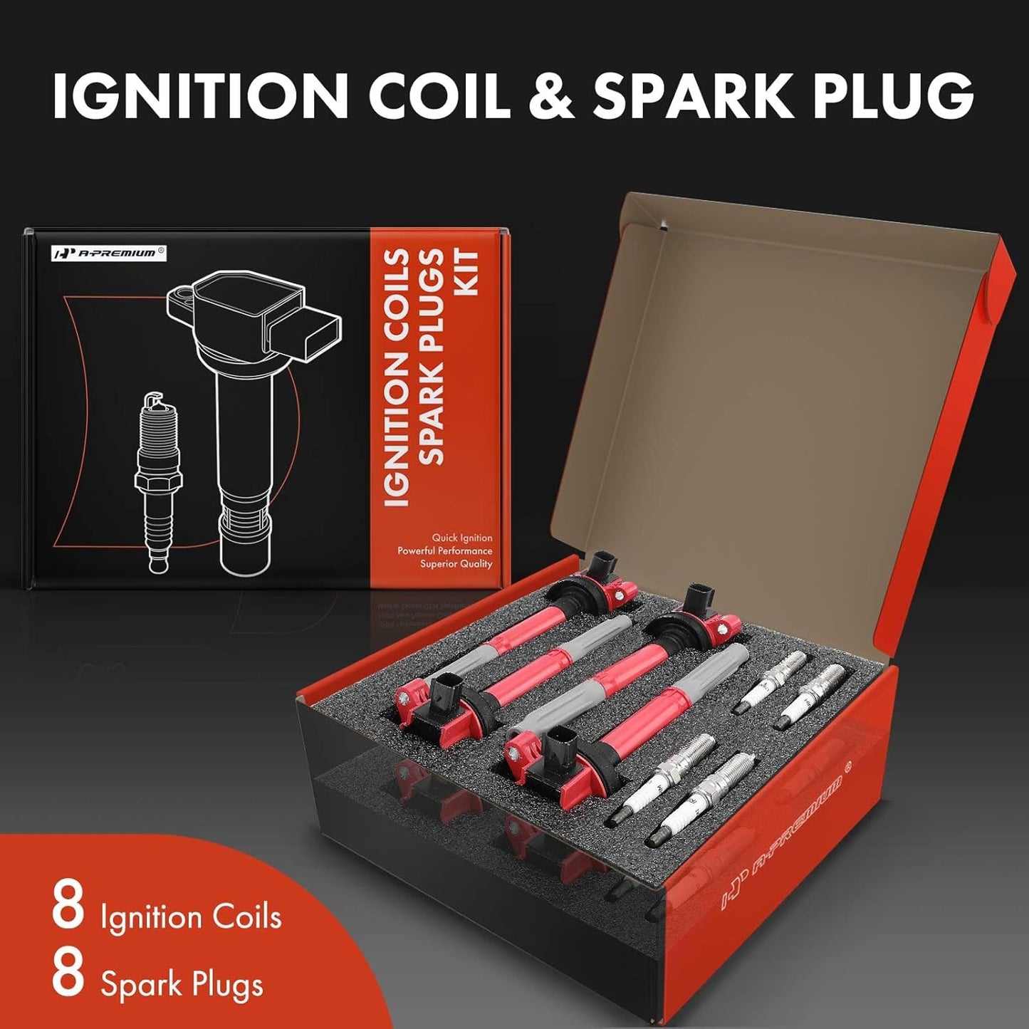 A-Premium (Red) Ignition Coils and Spark Plugs Kits Compatible with Ford F-150 2011-2016, Mustang 2011-2015, 5.0L 8-PC Set