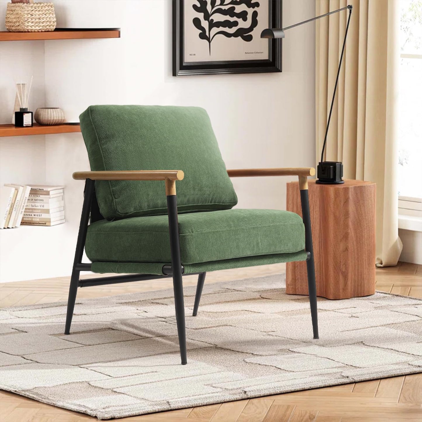 Accent Chair, Upholstered Chenille Living Room Chair with Metal Frame, Mid Century Modern Reading Lounge Sofa Armchair with Removable Cushion for Living Room, Bedroom, Office (Green, Set of 2)