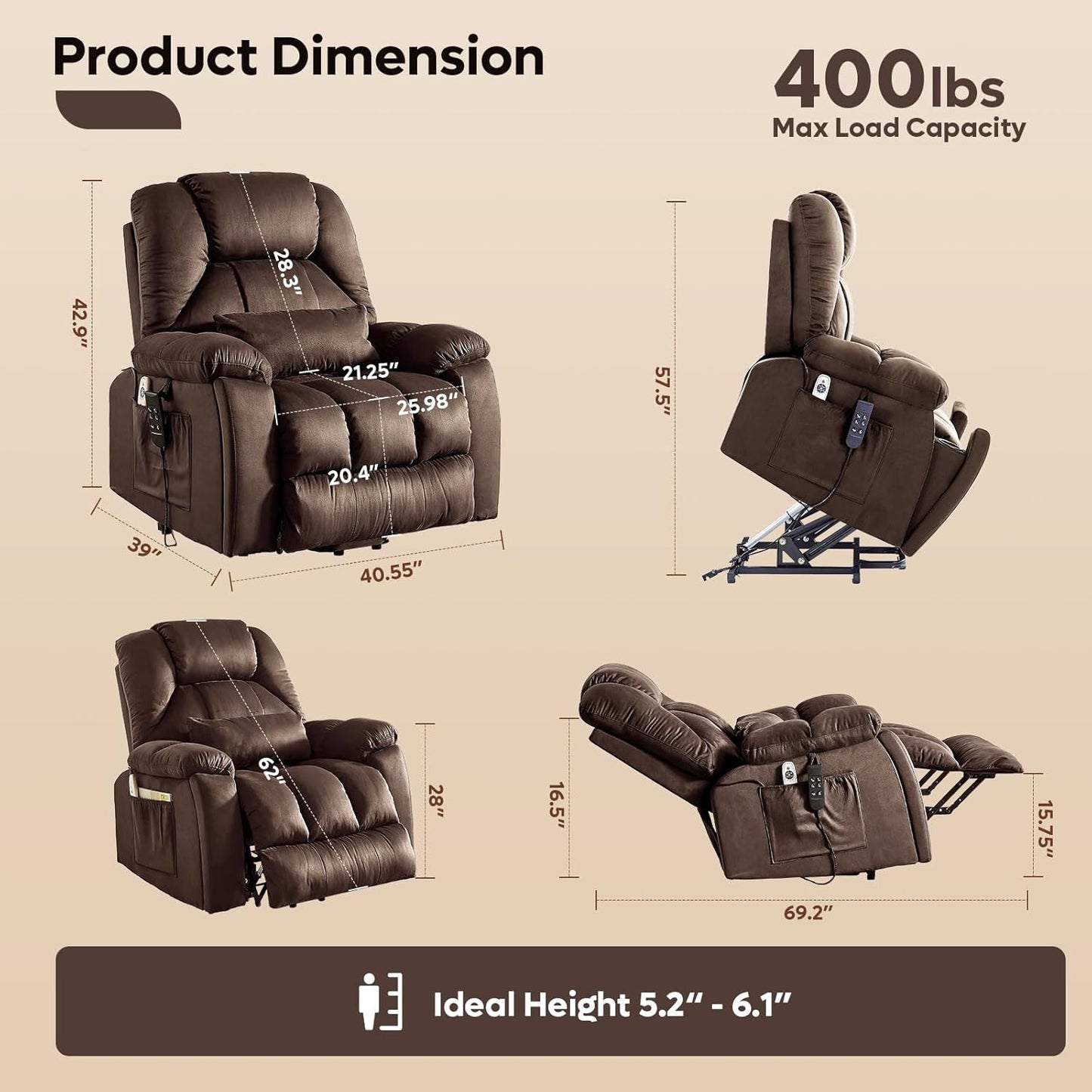 Bestier Dual Motor Power Lift Recliner Chair for Elderly, Oversized Recliner Sofa with Massage and Heat, Extra Wide Lift Chair with Cup Holders & Side Pockets for Living Room Bedroom (Brown)