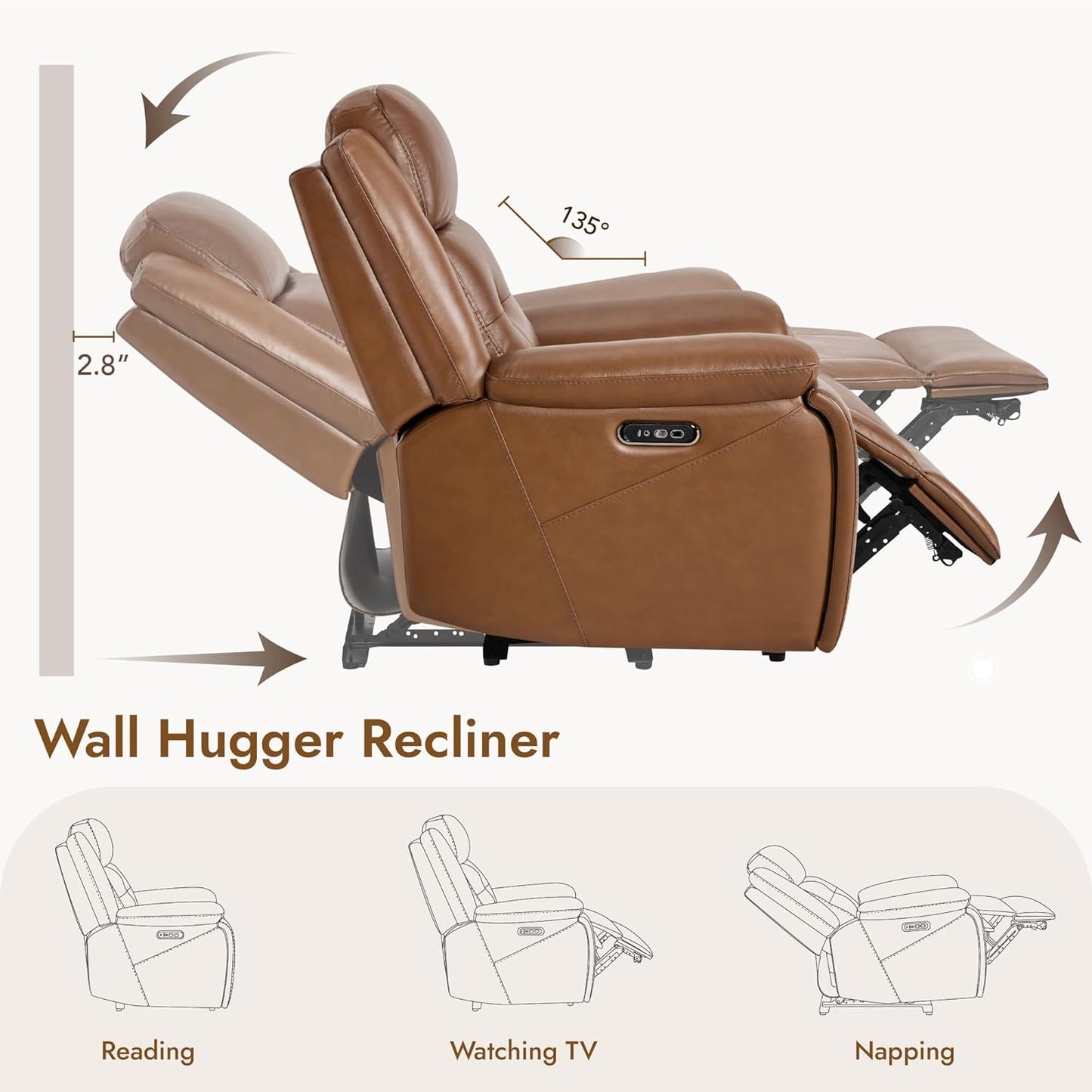 Watson & Whitely Genuine Leather Power Recliner Chair for Adults, Wall Hugger Recliner with Power Headrest, Cup Holders & Charging Ports, Electric Reclining Chairs for Living Room, RV, Saddle Brown