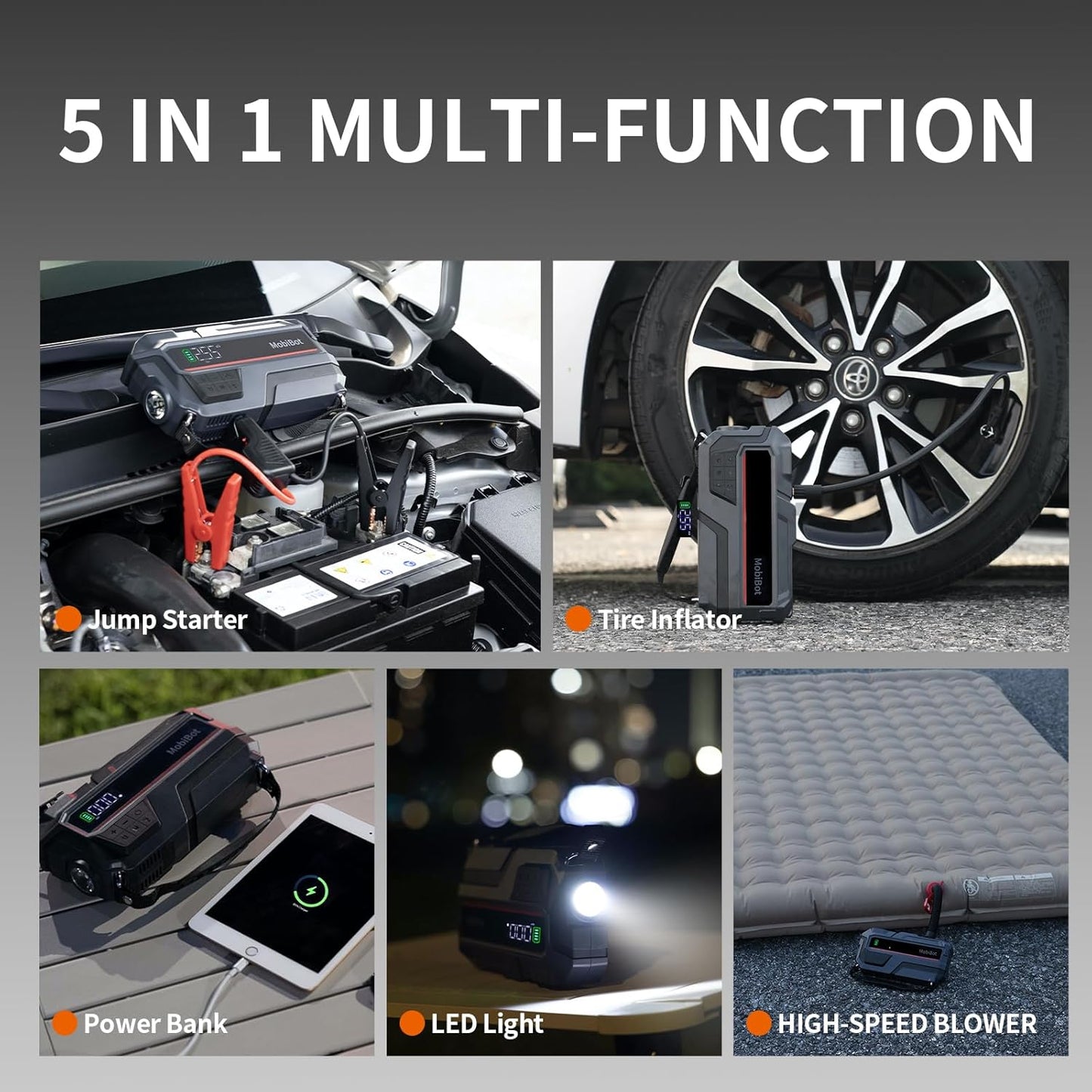 5-in-1 Jump Starter with Air Compressor, Portable Car Battery Charger 2000A Jumper Box Booster Pack up to 8.0L Gas 6.0L Diesel,150 PSI Tire Inflator for car,Quick Fill Air Pump for Inflatables