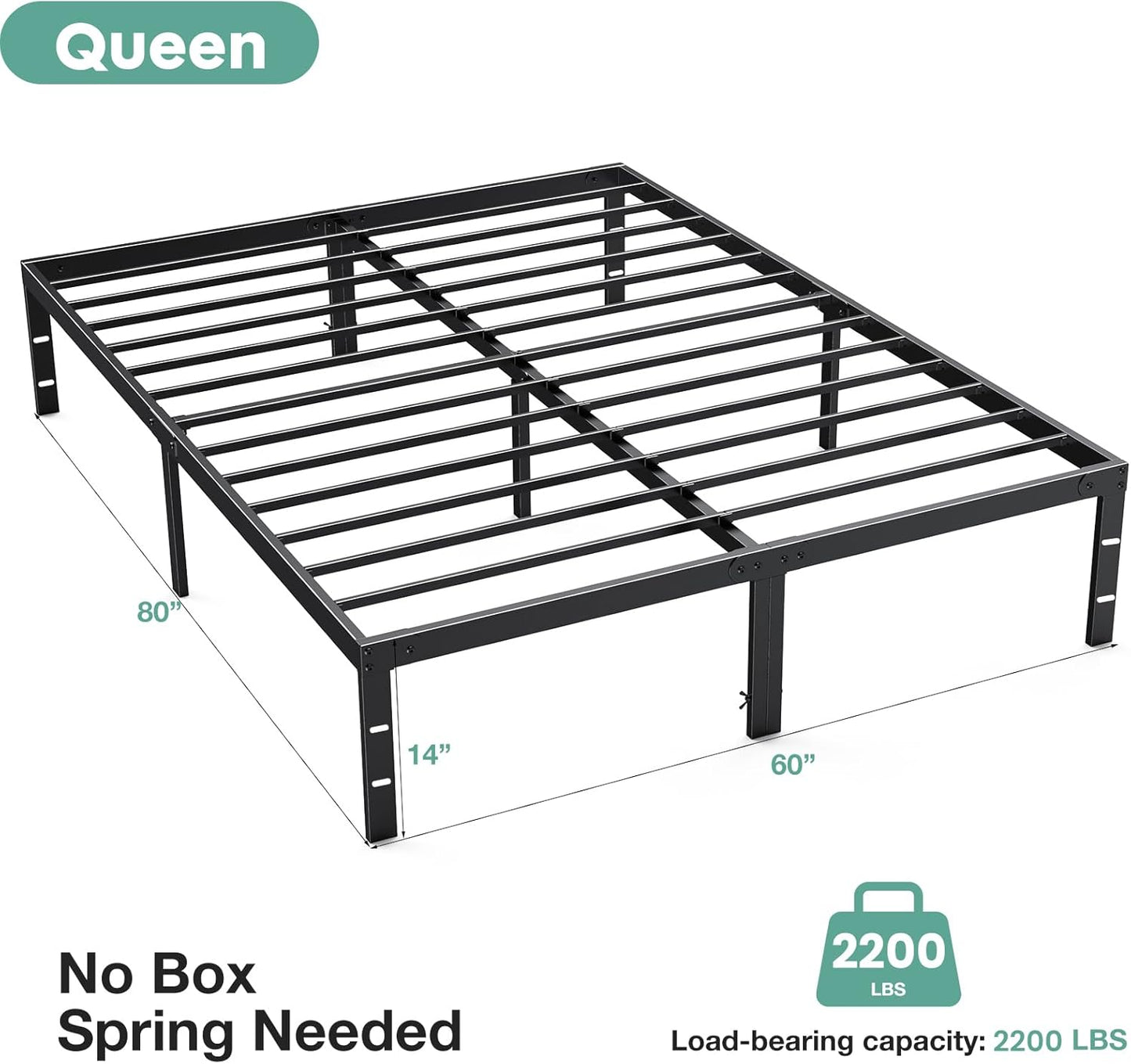 Sweetcrispy Queen Bed Frame - Heavy Duty Metal Platform Bed Frames Queen Size with Storage Space Under Frame, No Box Spring Needed, 14 Inches, Sturdy Steel Slat Support