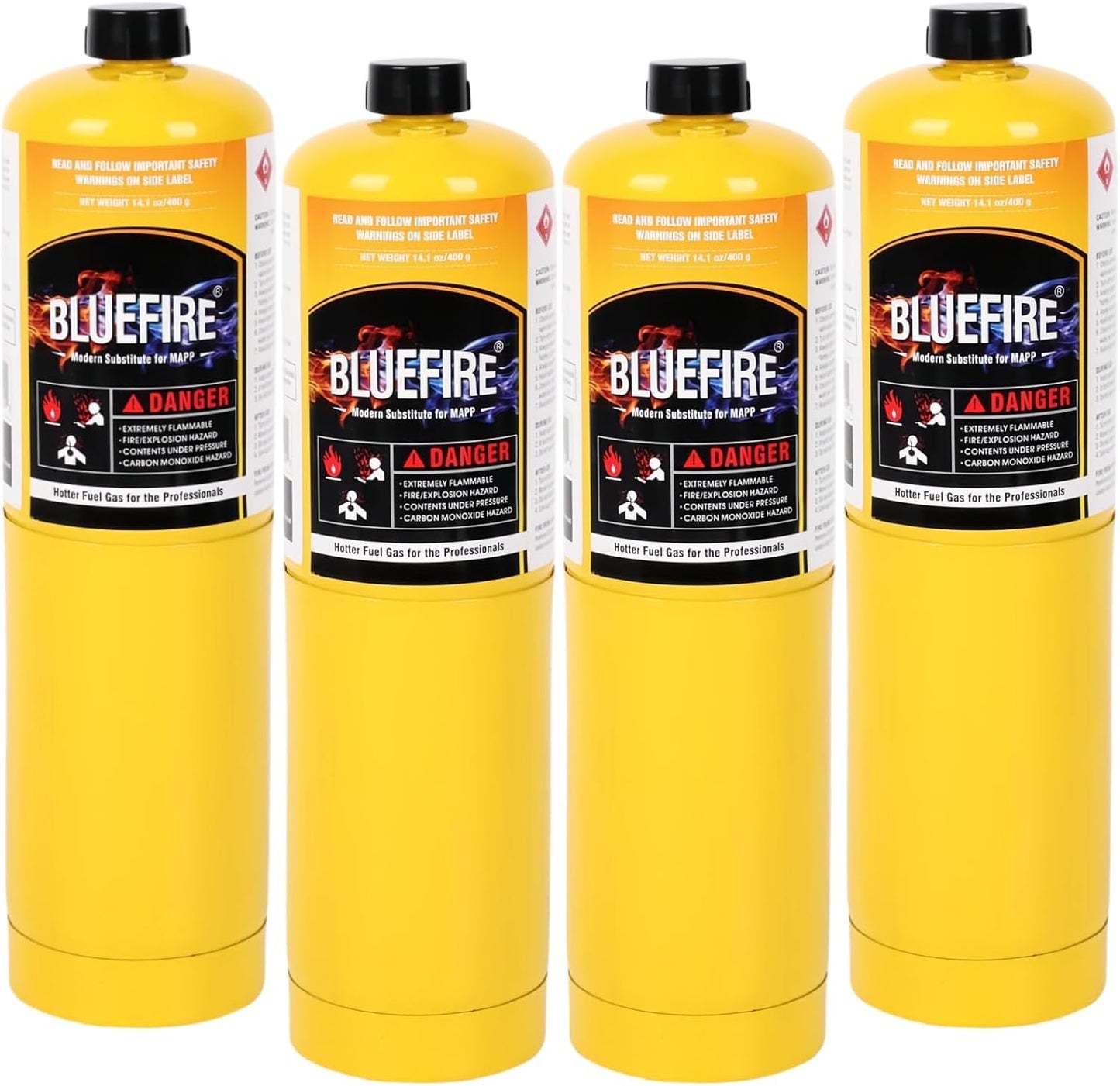 BLUEFIRE Modern MAPP Gas Cylinder, 14.1 oz, 99.9% High Purity Propylene Equal To MAP-PRO, Hotter than Propane, for Welding Brazing Soldering on Propane Torch (4 Pack)