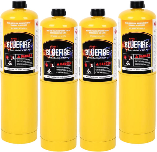 BLUEFIRE Modern MAPP Gas Cylinder, 14.1 oz, 99.9% High Purity Propylene Equal To MAP-PRO, Hotter than Propane, for Welding Brazing Soldering on Propane Torch (4 Pack)