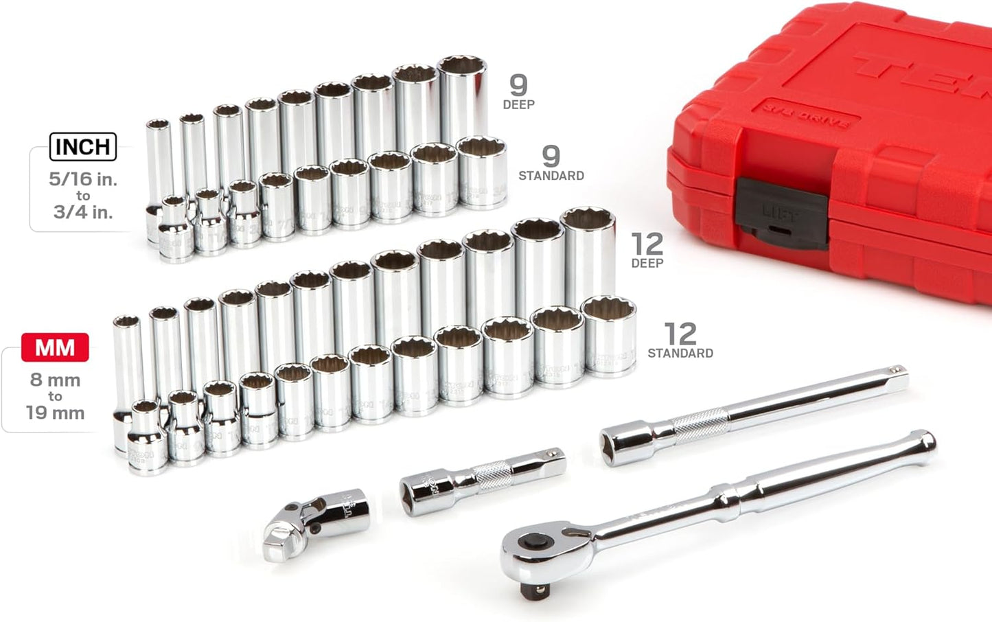 TEKTON 3/8 Inch Drive 12-Point Socket and Ratchet Set with Case, 46-Piece (5/16-3/4 in., 8-19 mm) | SKT15302