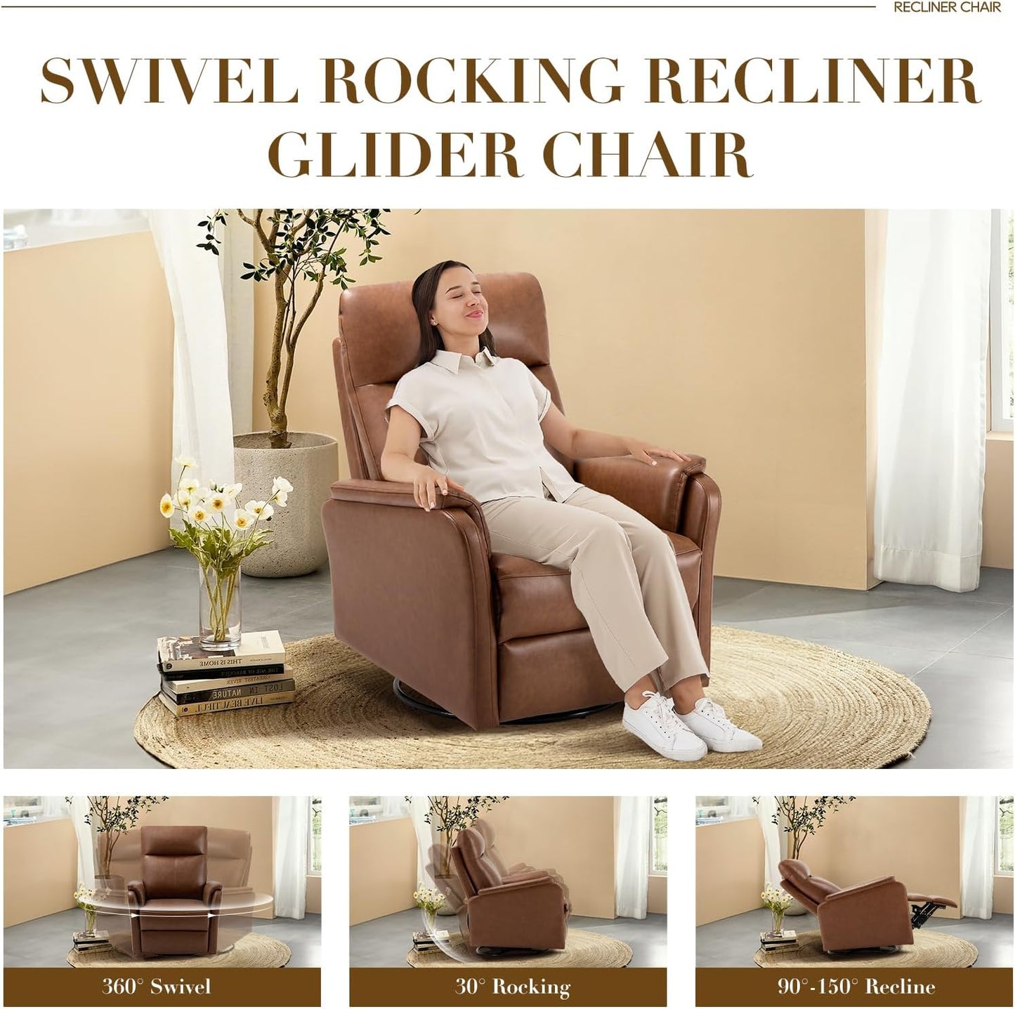 Swivel Rocking Recliner Glider Chair, Leather Reclining Rocker Chair with Footrest for Living Room, Nursery, Office, Bedroom, Ergonomic High Backrest, Wide Seat Cushion and Metal Base-Cocoa
