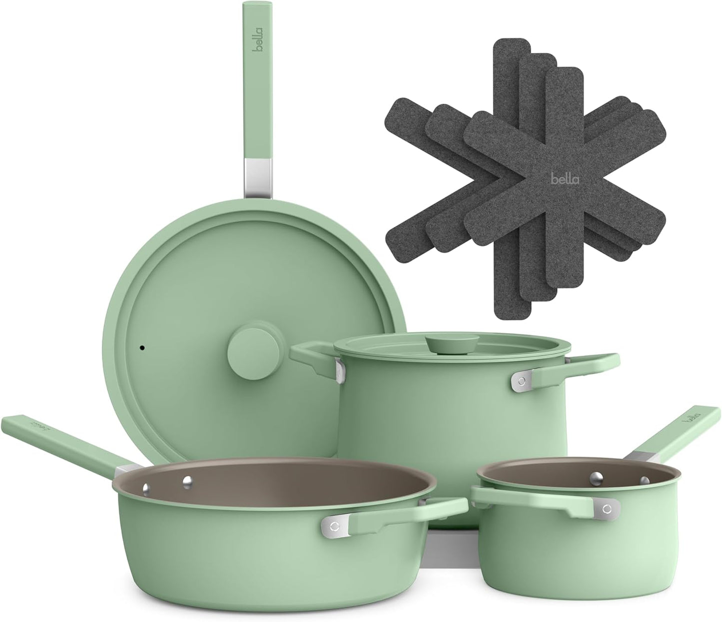 bella 9 Piece Ceramic Nonstick Cookware Set, Fits-anywhere™ Kitchenware w EverGood™ Coating, Dishwasher & Oven Safe, All Stovetops Compatible, Stackable Design, Cool Touch Handles, Surf
