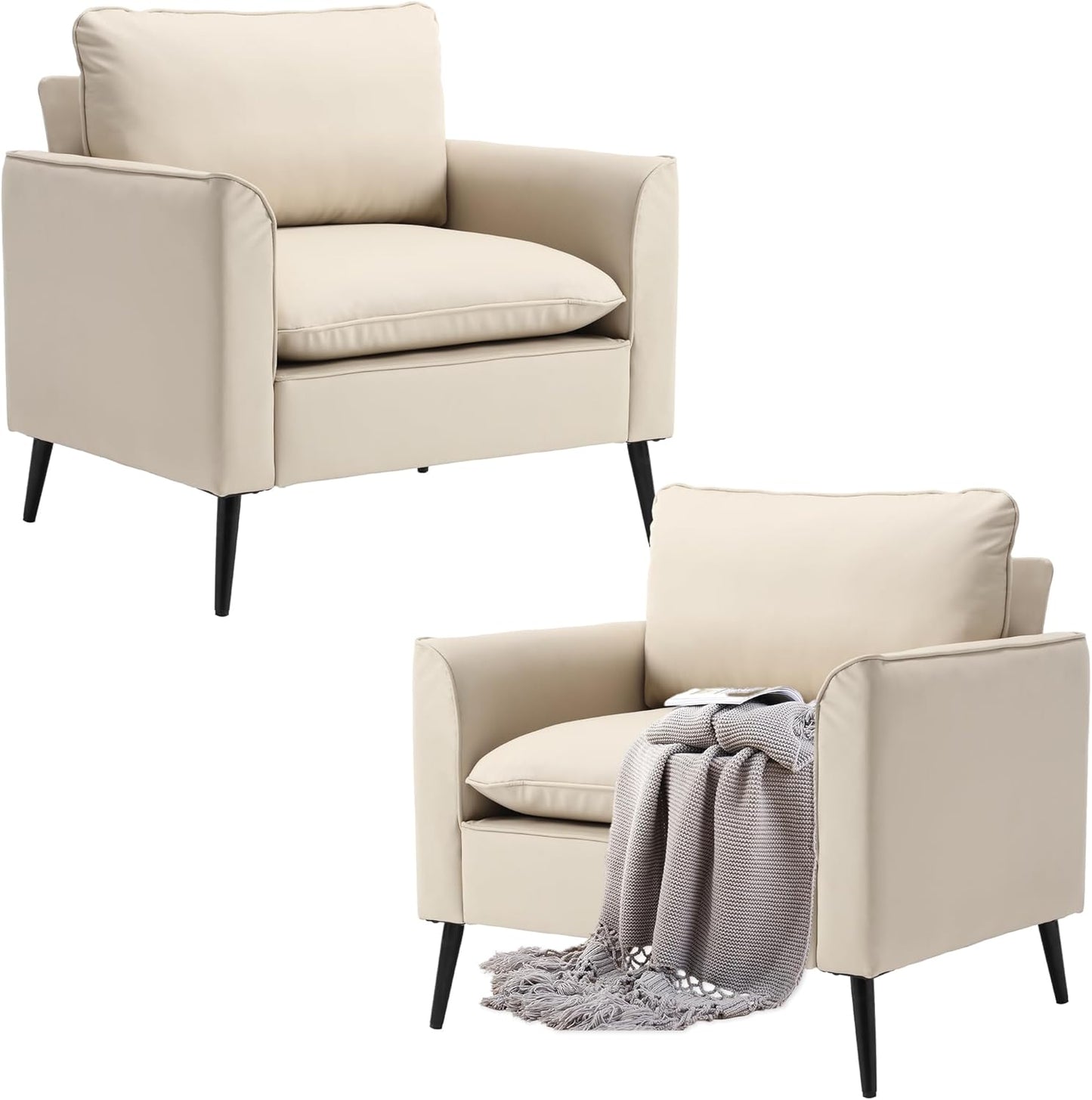 Beige Leather Accent Chairs Set of 2, Mid-Century Modern Accent Arm Chair with Black Metal Legs, Comfy Upholstered Reading Sofa Chair Reception Chairs for Living Room Bedroom Office