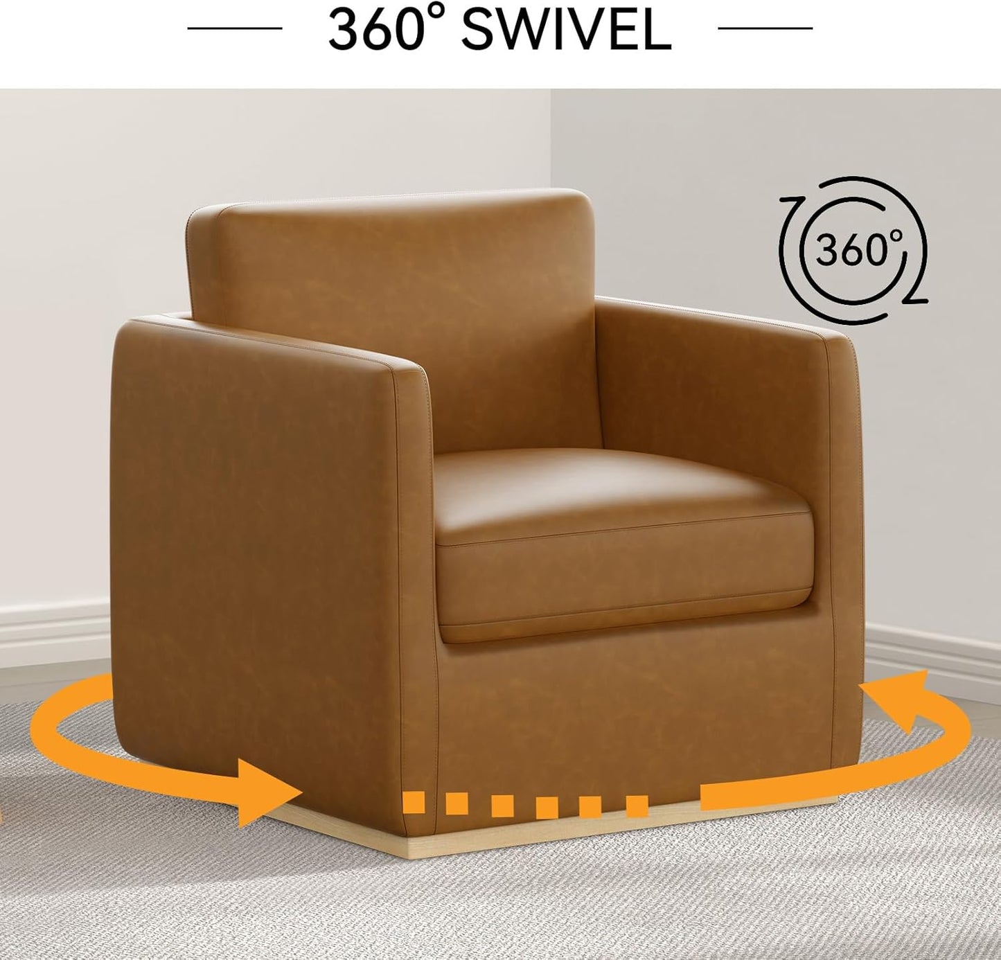Swivel Accent Chair, Premium Barrel Chair for Living Room, Comfy Single Sofa Chair, Round Swivel Couch Chair, Small Reading Chair for Adults, Accent Bucket Chairs for Bedroom/Club, Leather Brown