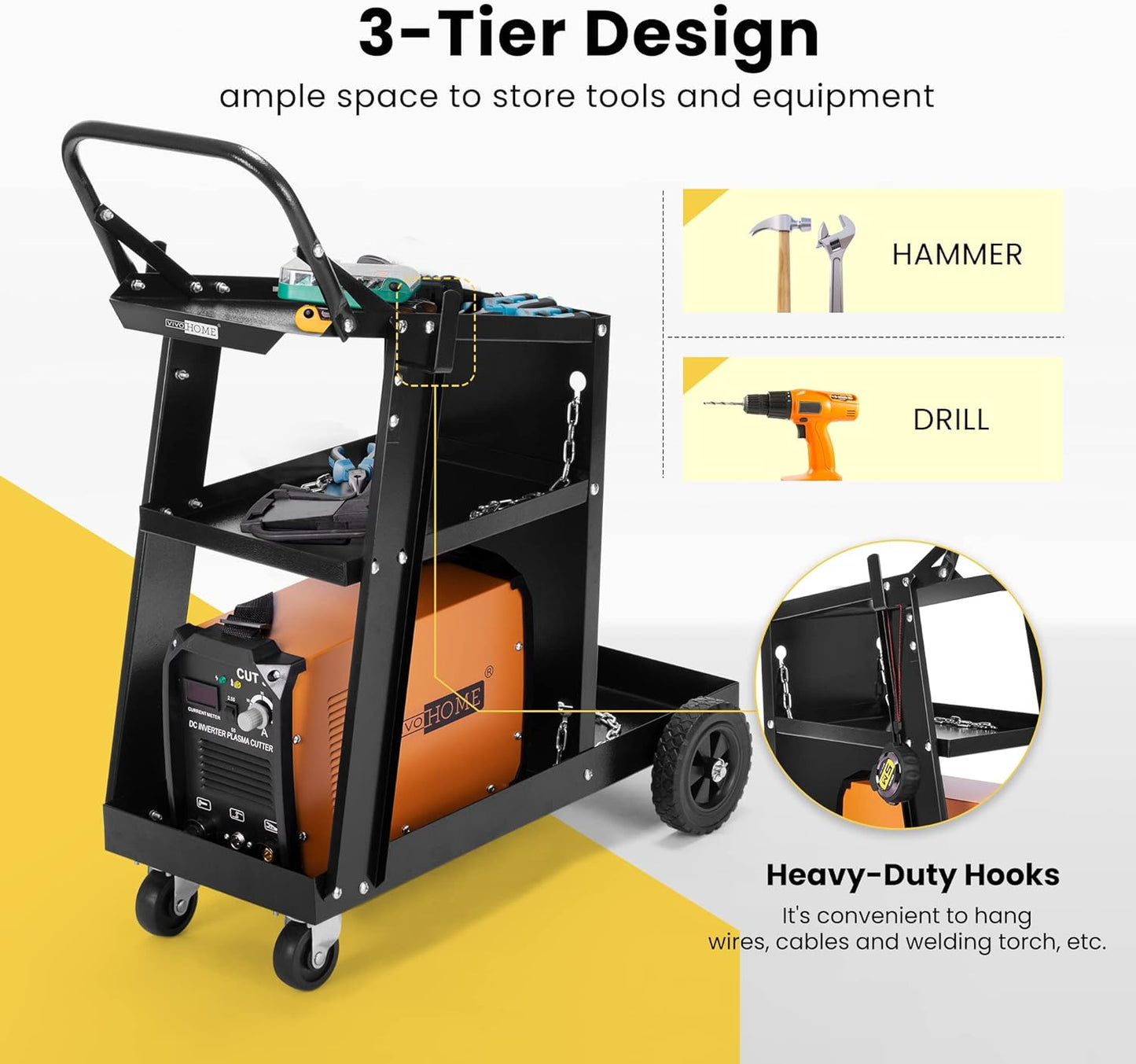 VIVOHOME Iron 3 Tiers Rolling Welding Cart with Upgraded Wheels and Tank Storage for TIG MIG Welder and Plasma Cutter Black