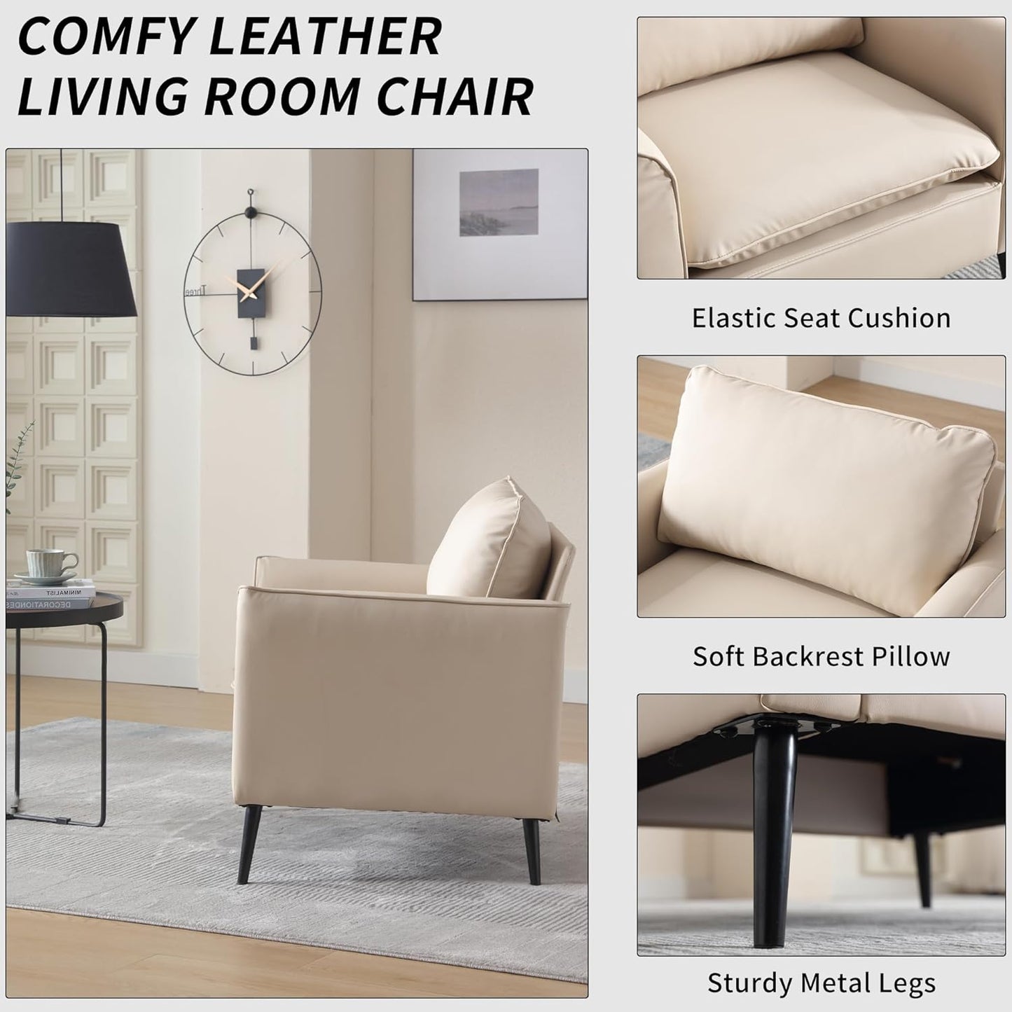 Beige Leather Accent Chairs Set of 2, Mid-Century Modern Accent Arm Chair with Black Metal Legs, Comfy Upholstered Reading Sofa Chair Reception Chairs for Living Room Bedroom Office