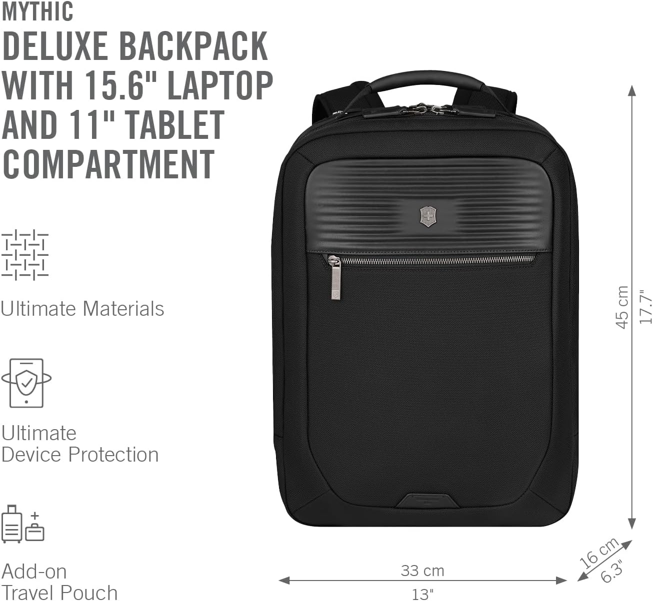 Victorinox Mythic, Deluxe Backpack, Backpack with 15.6’’ Laptop and 11’’ Tablet Compartment - Black