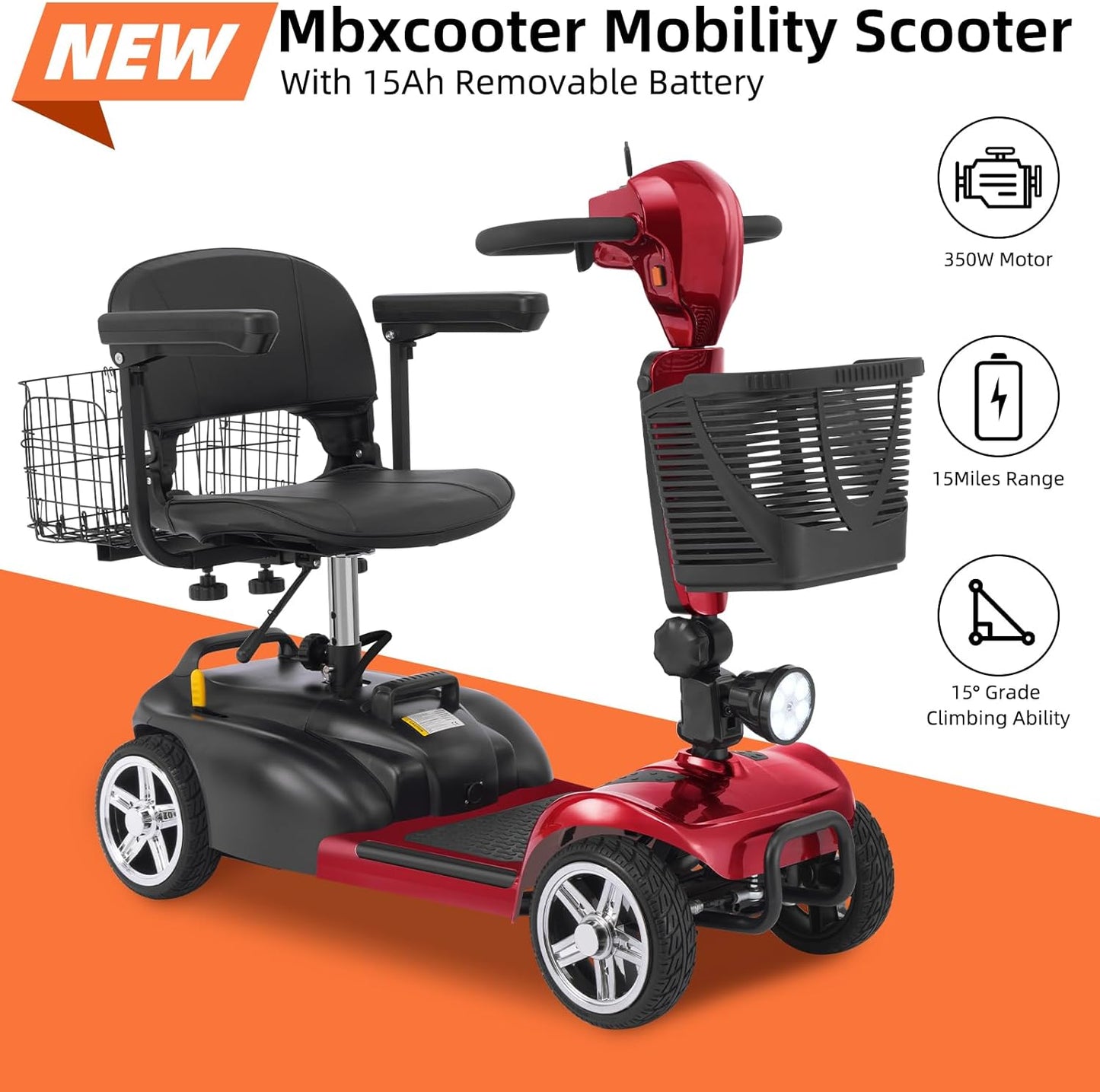 15/30 Miles 4 Wheels Mobility Scooter for Adults&Seniors Up to 300LBS, 350W Electric Powered Wheelchair Device w/Extended Battery, Dual Baskets, Rotating Seat, USB Charging