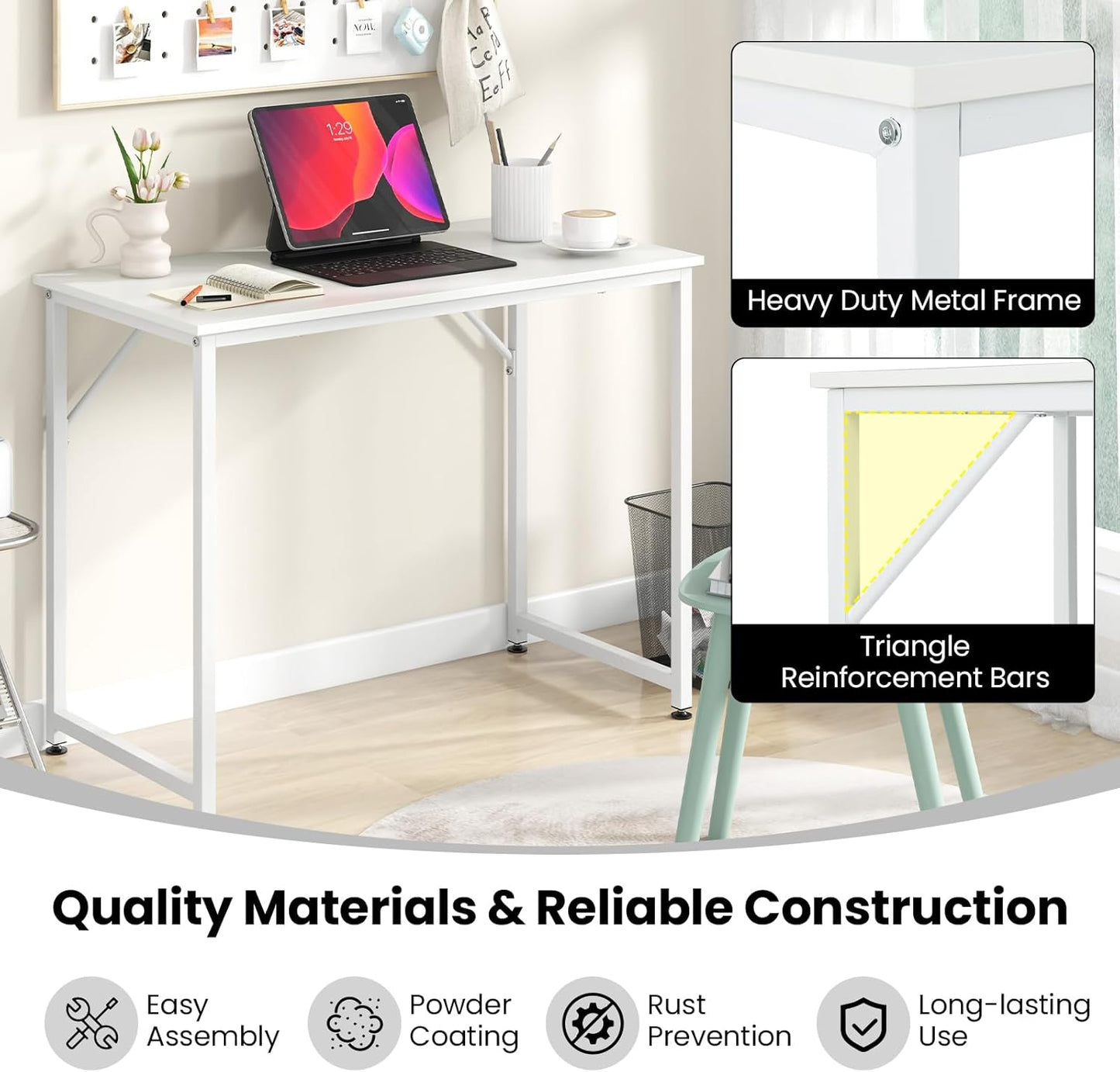 Tangkula White Computer Desk, Small Study Writing Desk with Sturdy Metal Frame, Modern Simple Laptop Desk for Home Office, Easy Assembly