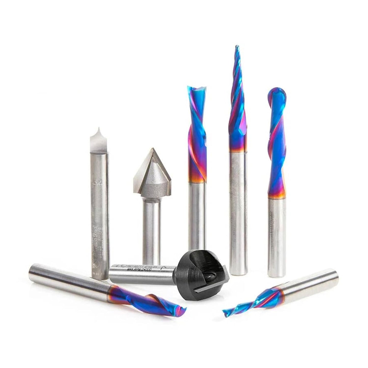 Amana Tool Spektra Coated Solid Carbide CNC V-Groove, Point Roundover, and Multi-Purpose Router Bit Pack, AMS-177-K 8-Pc, 1/4 Inch Shank in Wooden Box