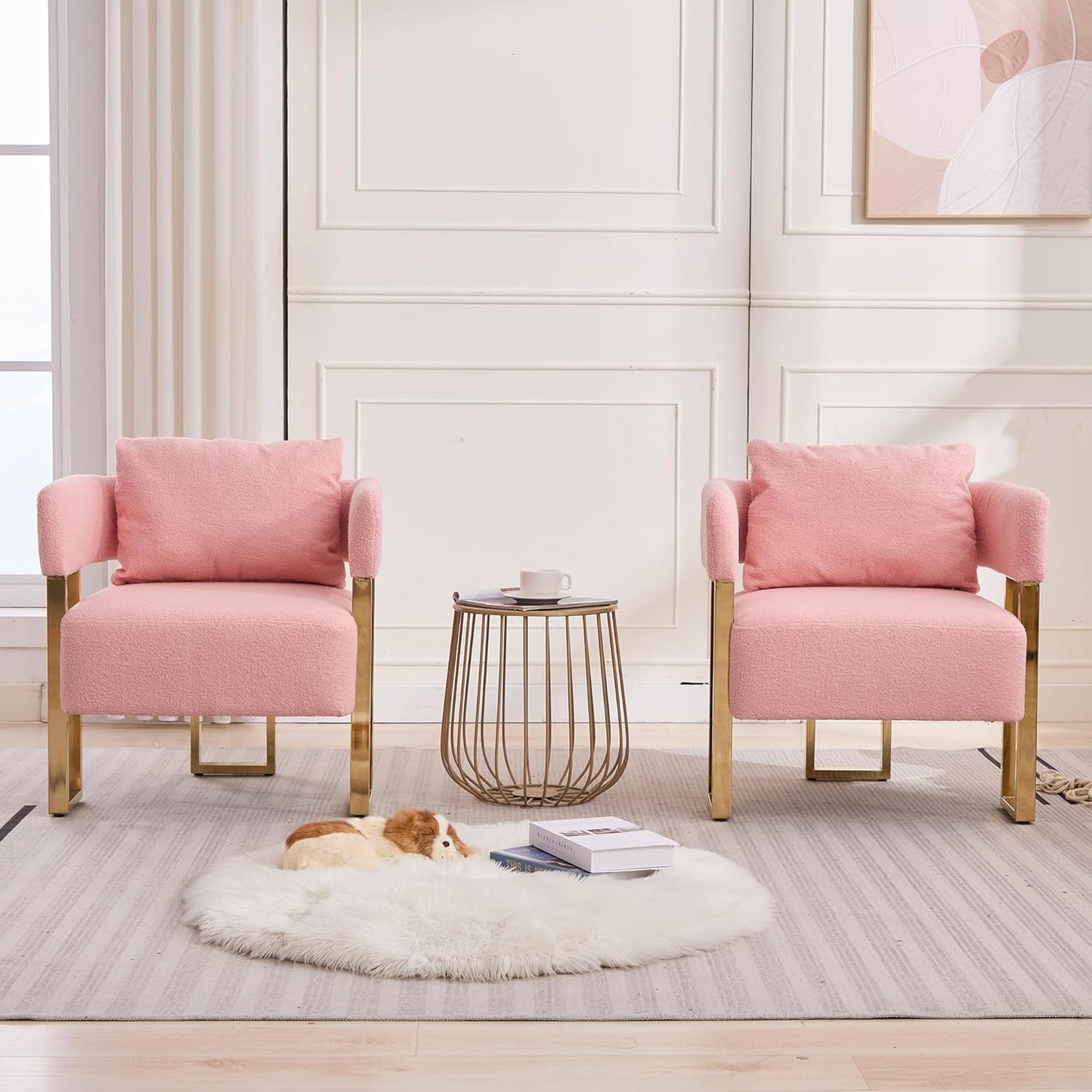 Teddy Velvet Sofa with Square Legs and Gold Feet Suitable for Decorative Chair in Living Room Reading Chair Medieval Modern Sofa Chair with Pillows(Pink Teddy Velvet 2PC)